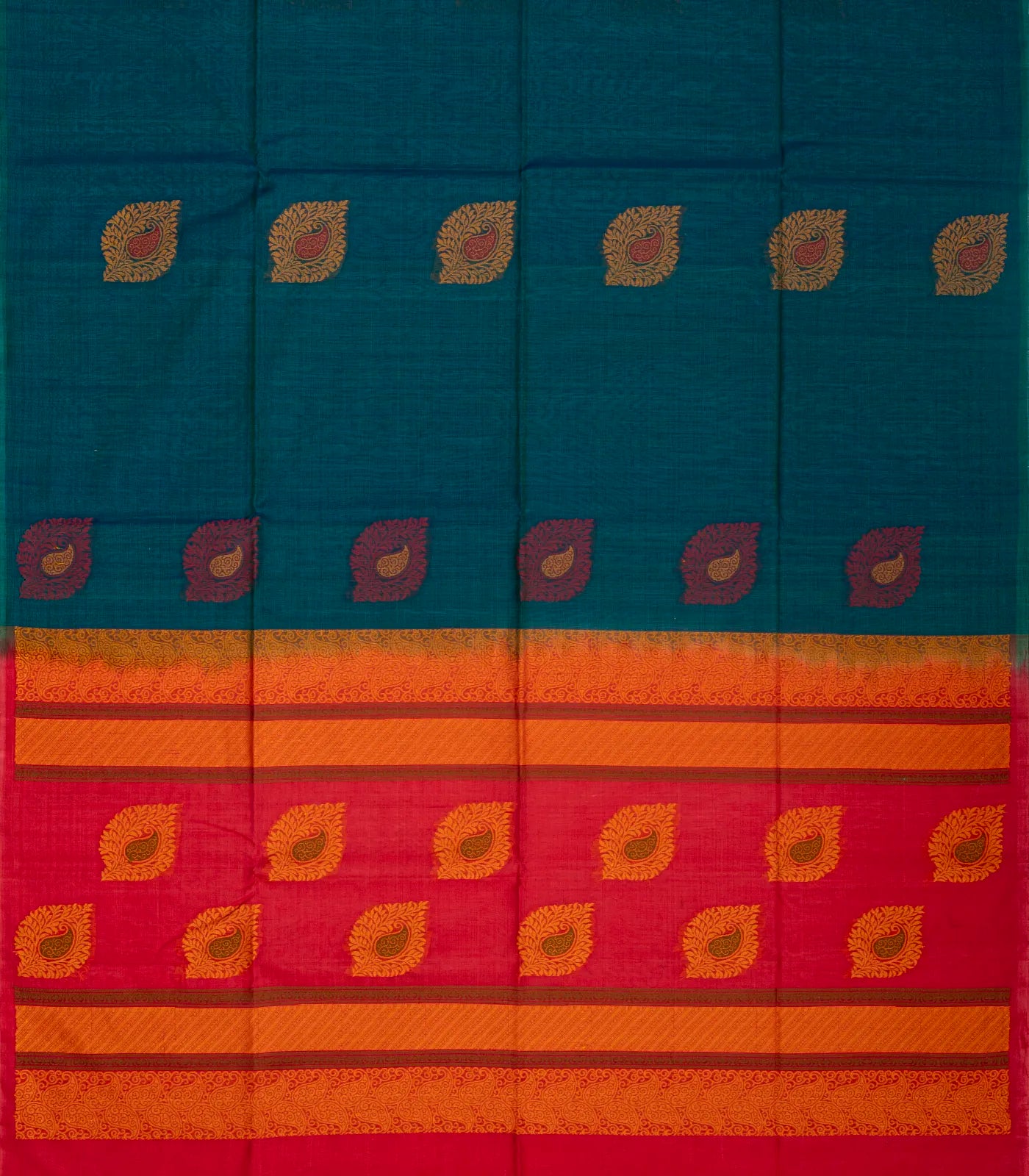 RmKV Teal Handloom Kora Silk Cotton Saree With Buttas & Hot Pink Pallu - view 2