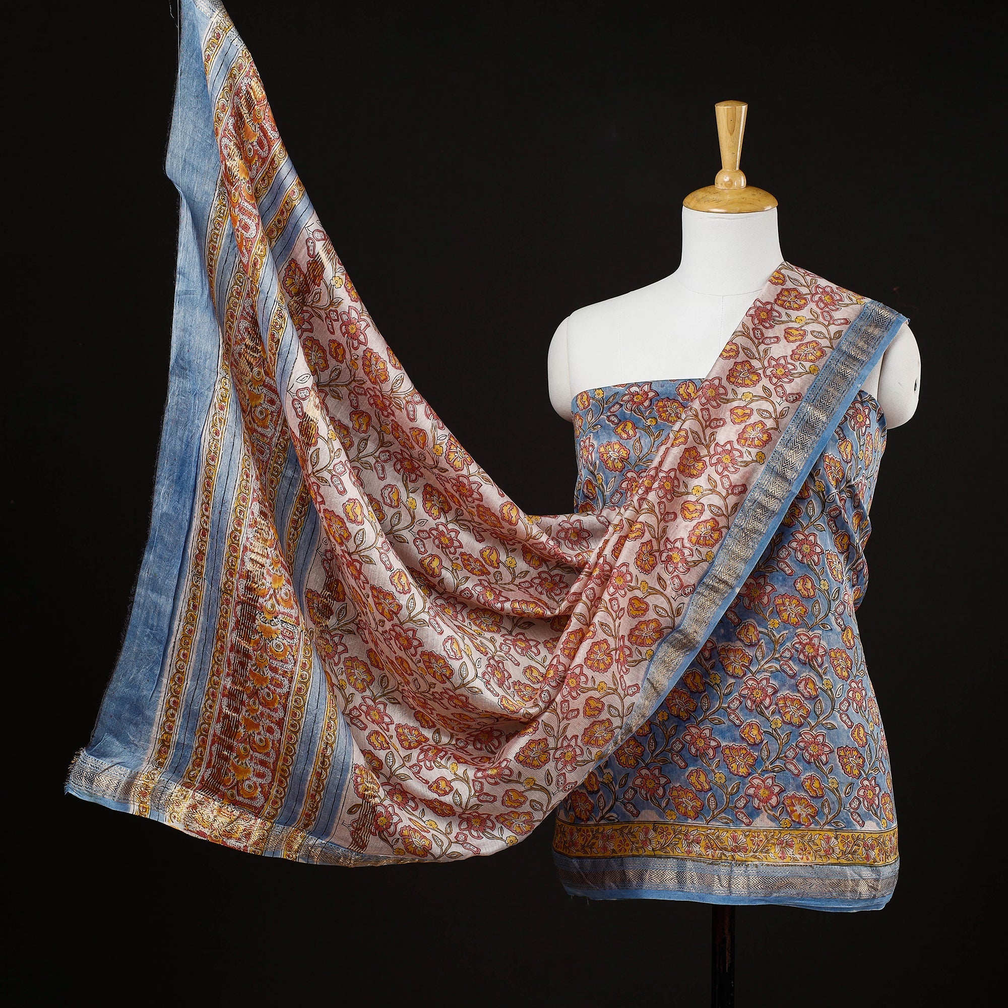 ARTISAN HAND BLOCK PRINTS Blue - 3pc Sanganeri Block Printed Maheshwari Silk Suit Material Set