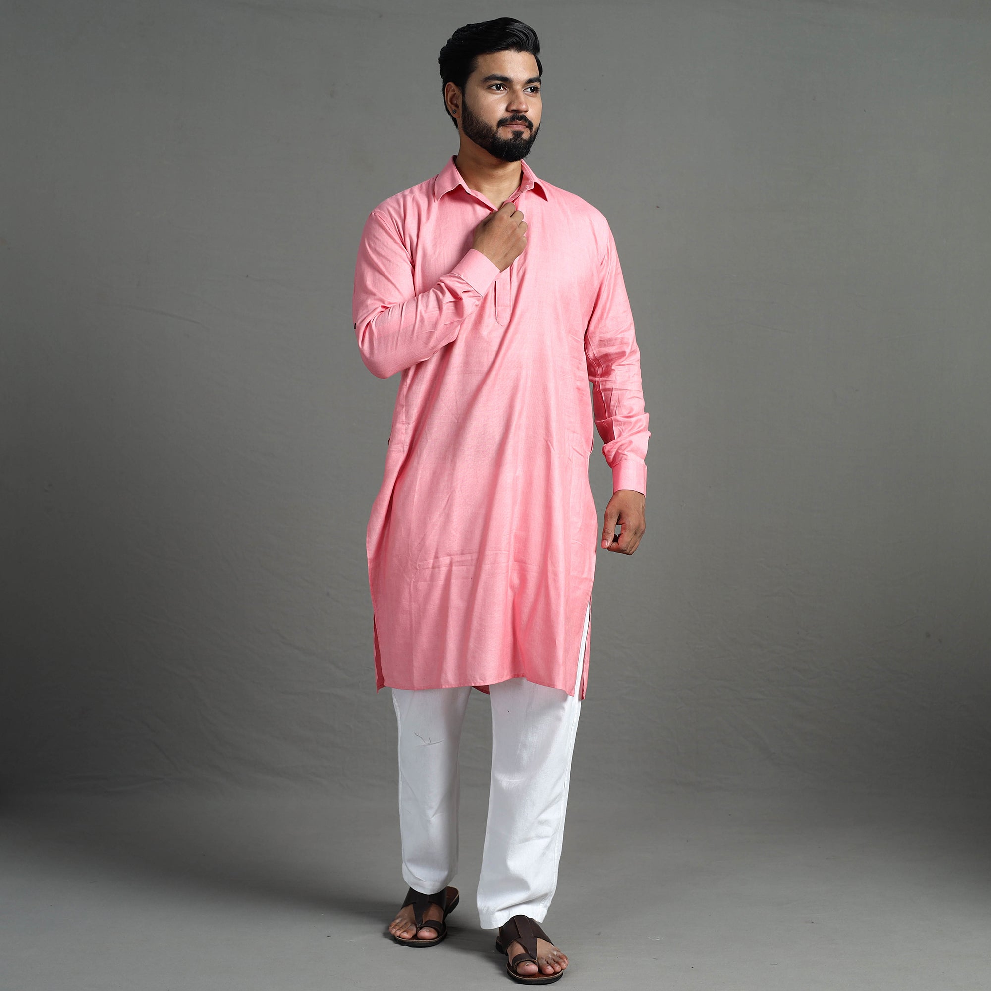 ITOKRI CASUALS Baby Pink - Linen Viscose Plain Men Long Pathani Kurta