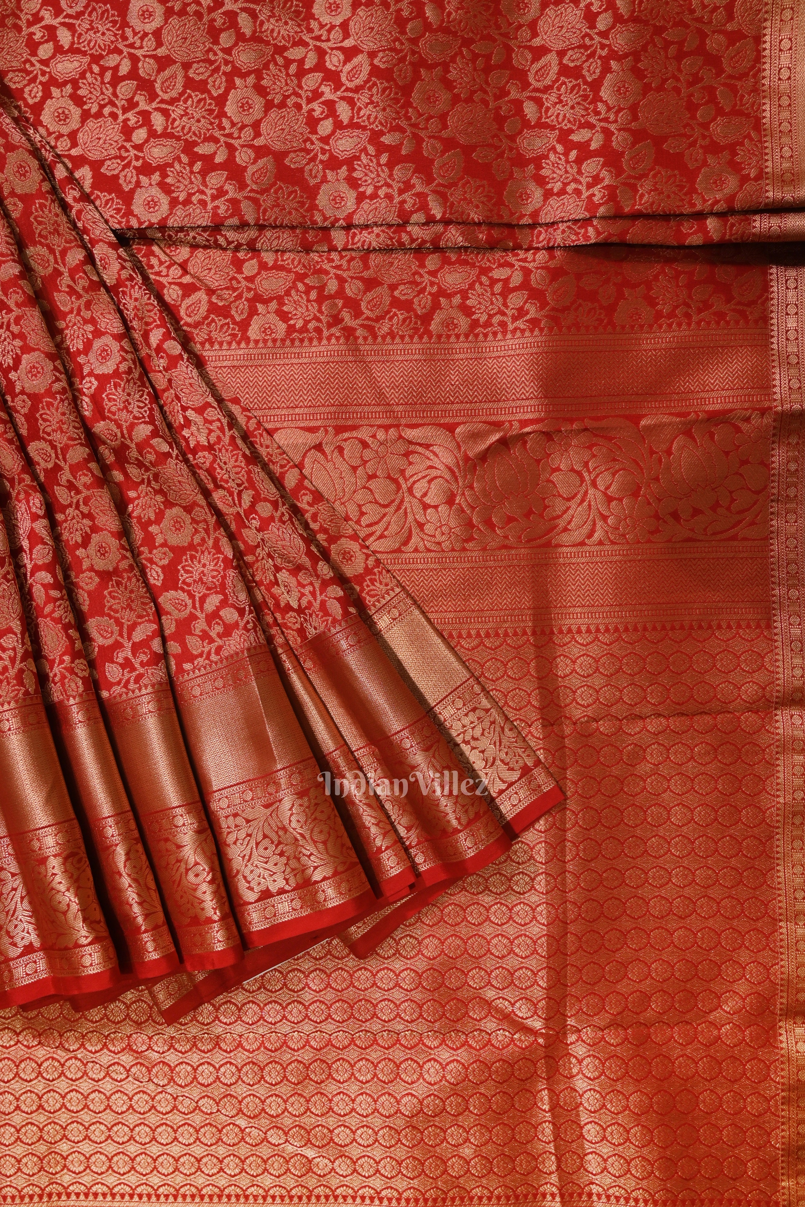 IndianVillèz Cherry Red pure Kanjivaram Silk Saree with Zari Brocade