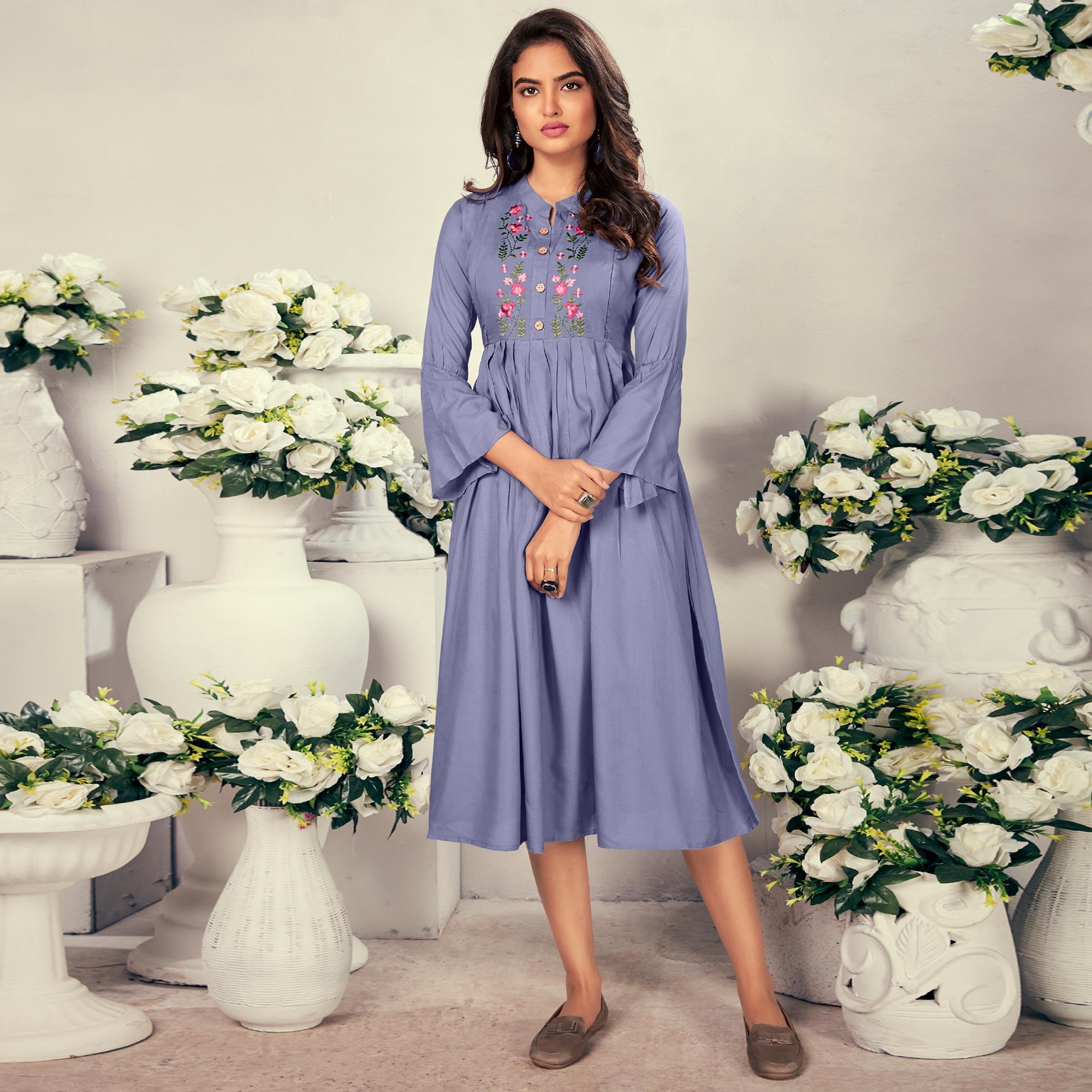 Peachmode Seller Lavender Casual Wear Embroidered Rayon Maternity Kurti - view 2
