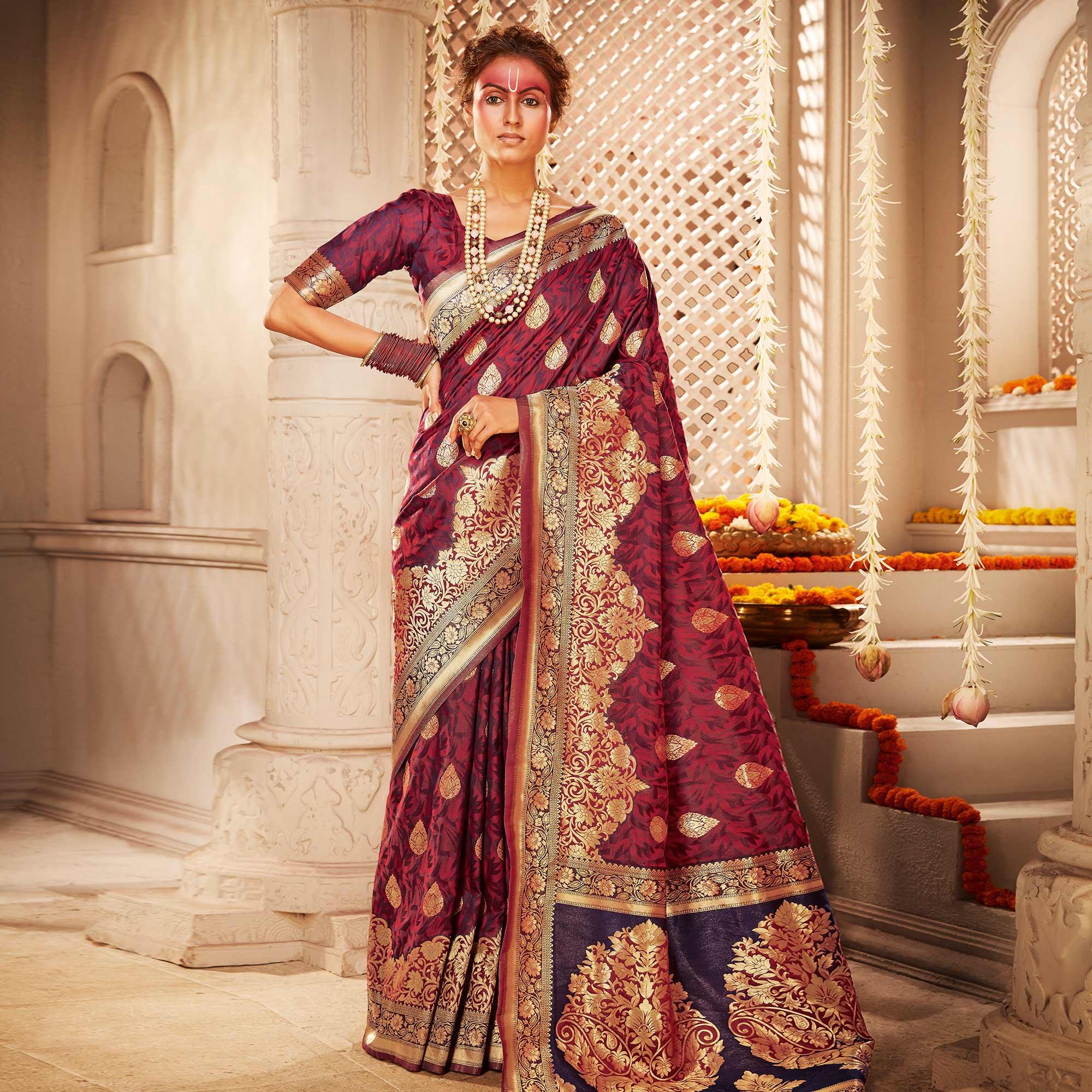 Peachmode Eye-catching Wine Colored Festive Wear Woven Banarasi Silk Saree