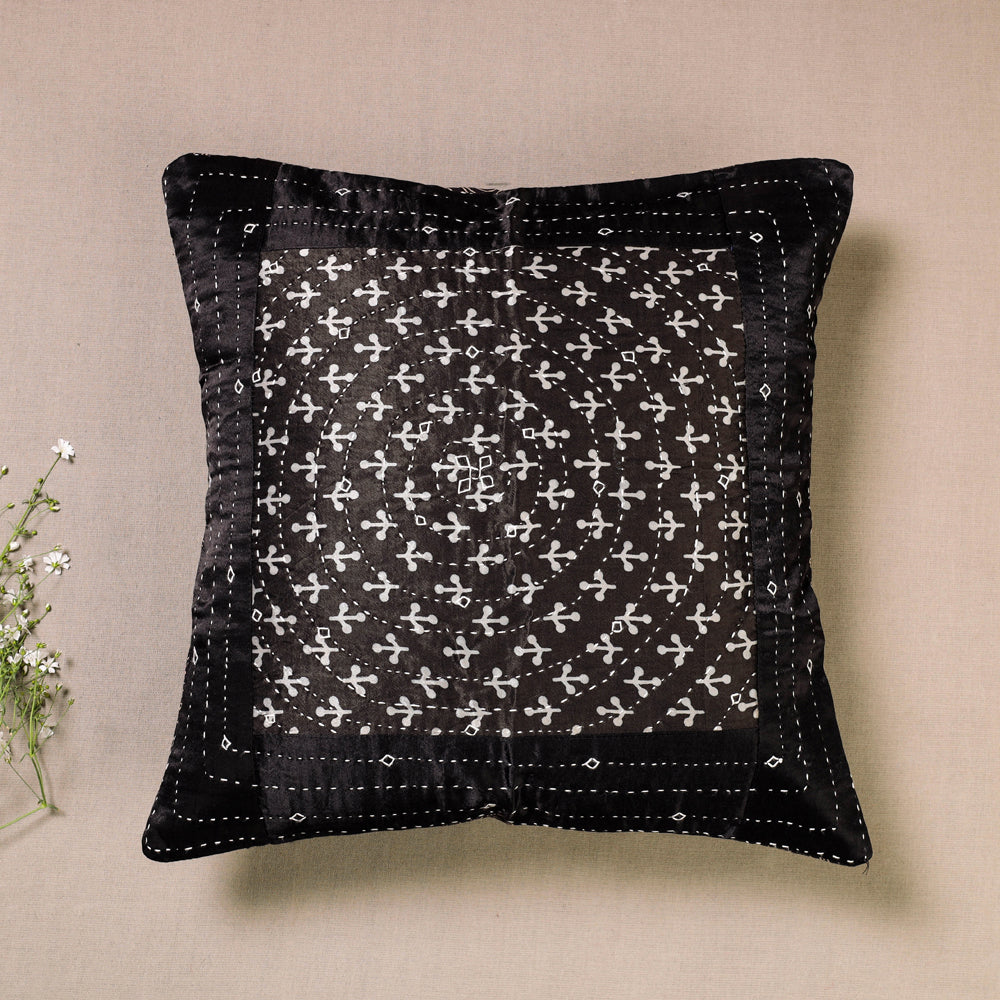 KACHCHH JI CHHAAP Black - Kutch Embroidered Ajrakh Mashru Silk Cushion Cover (16 x 16 in)