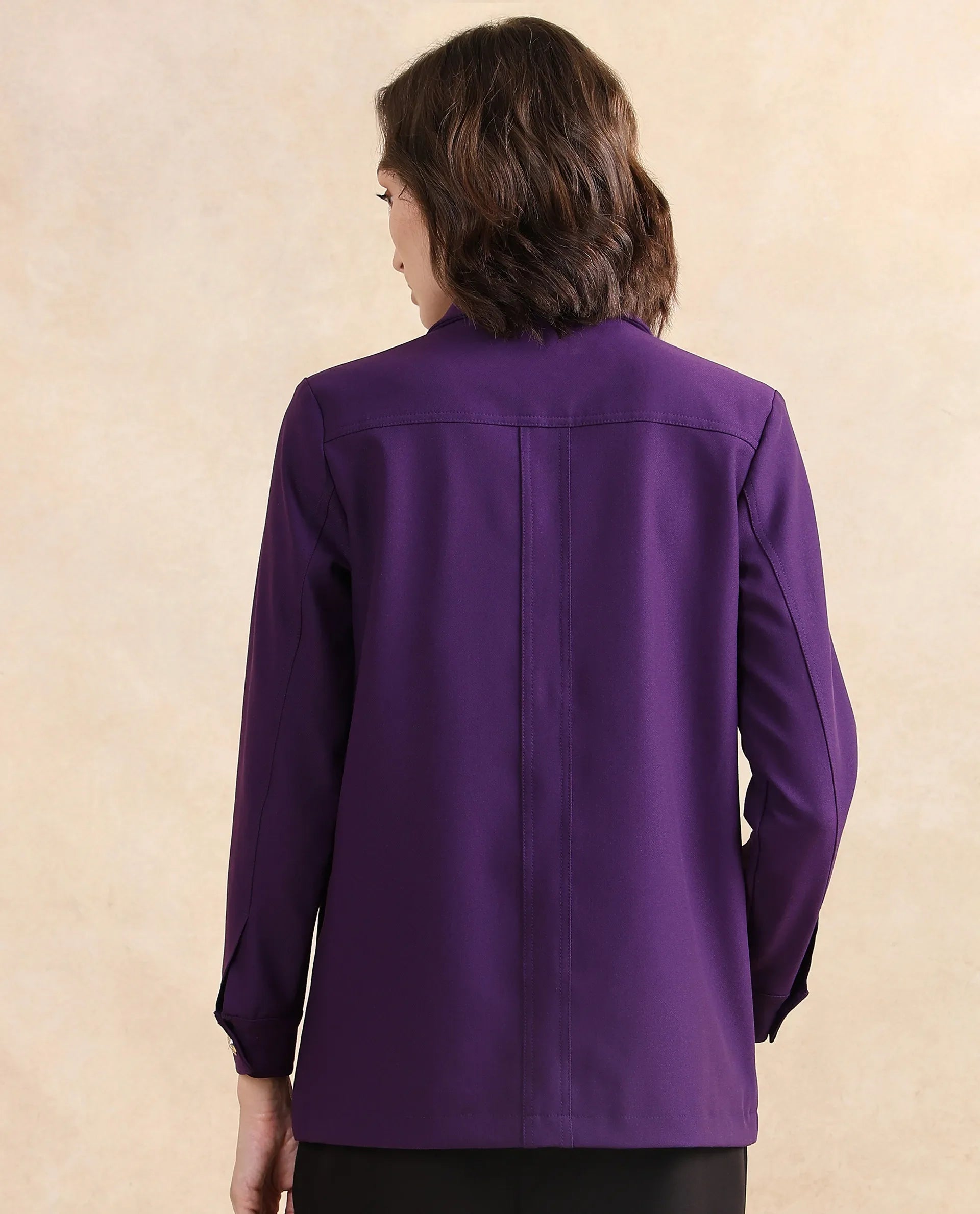 Rareism Women Yeppon Purple Cuffed Sleeve Collared Neck Button Closure Boxy Fit Hip Length Plain Jacket - view 6