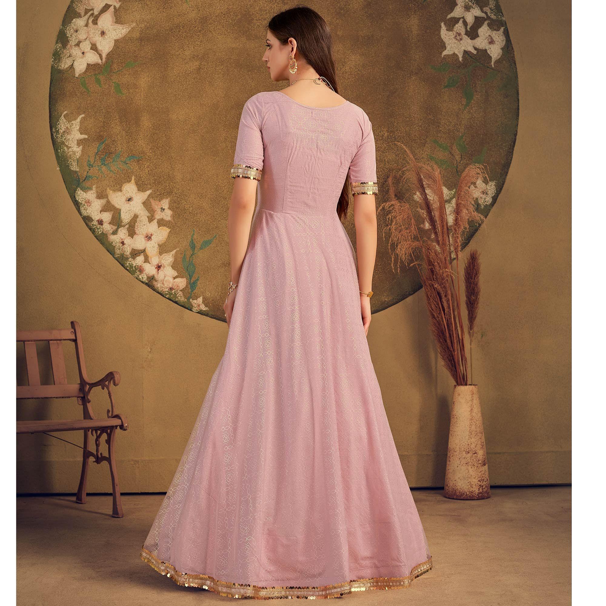 Peachmode Light Pink Partywear Wear Foil Work Net Gown - view 2