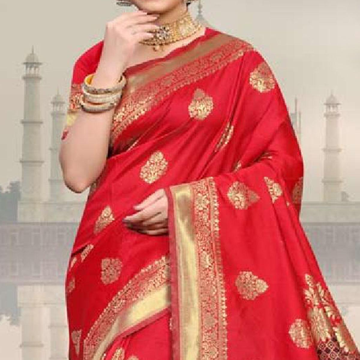 Peachmode Innovative Red Colored Festive Wear Woven Art Silk Saree - view 2