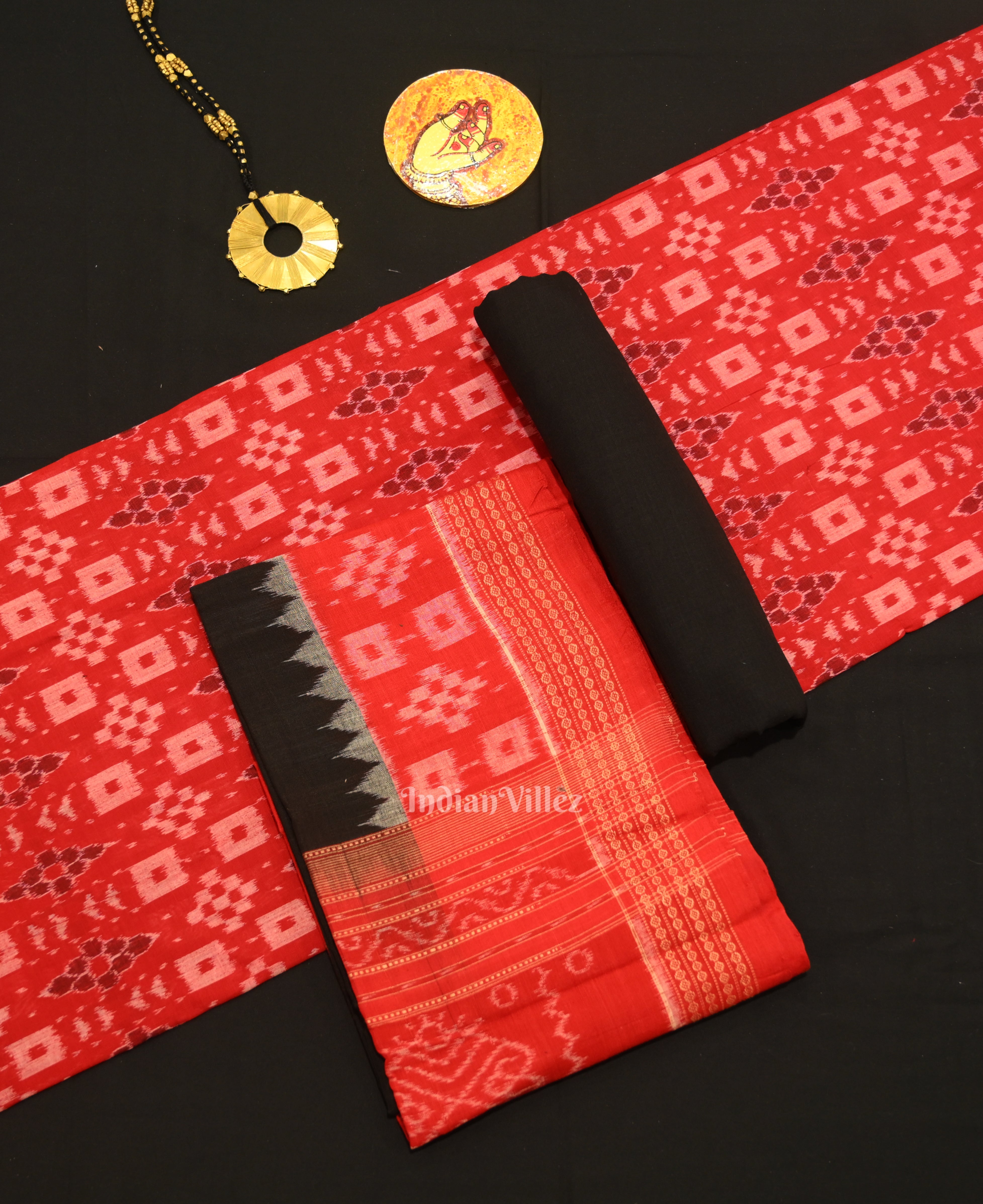 IndianVillèz Red Black Odisha Ikat Sambalpuri Dress Set & Dupatta