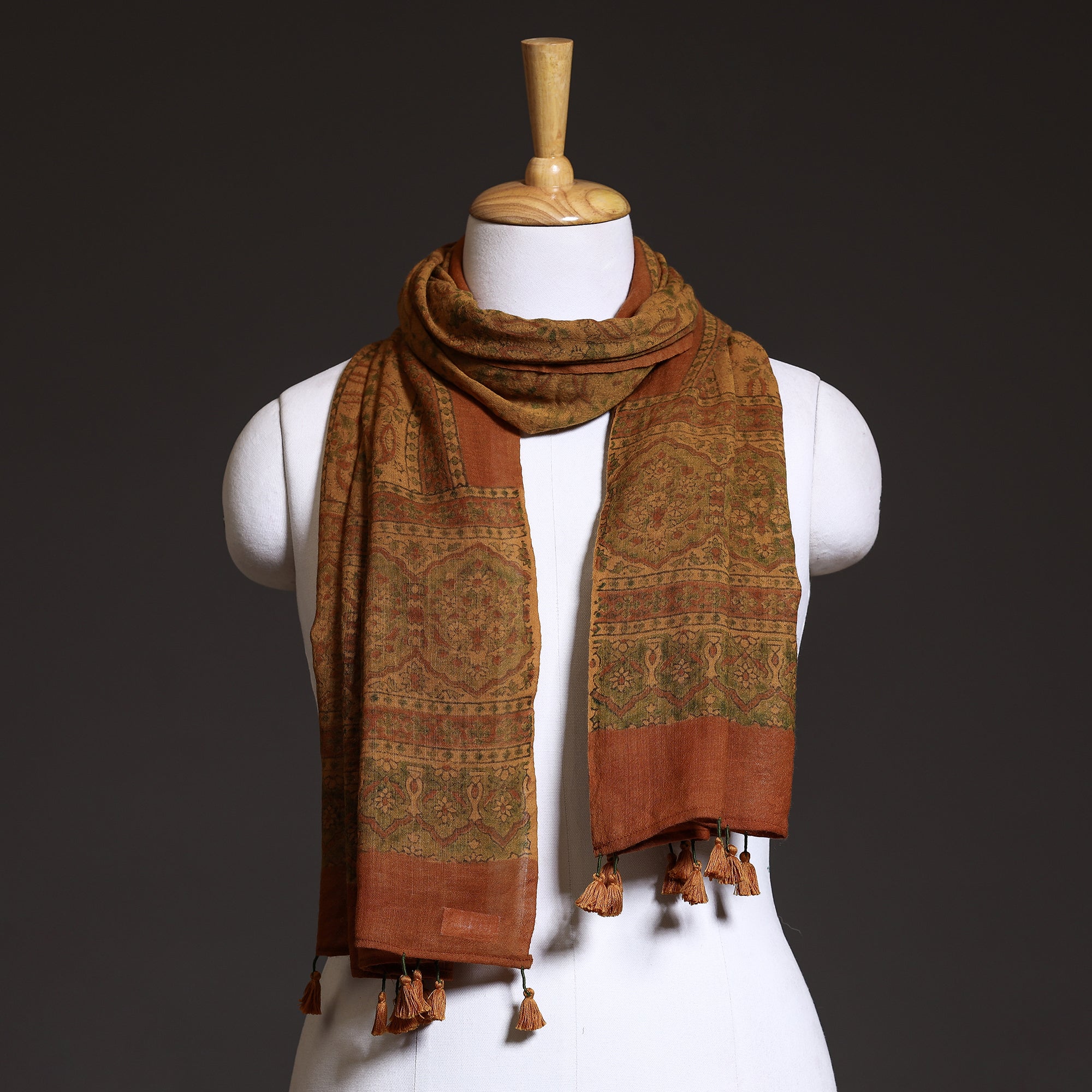 AJRAKH BY SUFIYAN ISMAIL KHATRI Brown - Ajrakh Block Printed Pure Woolen Stole