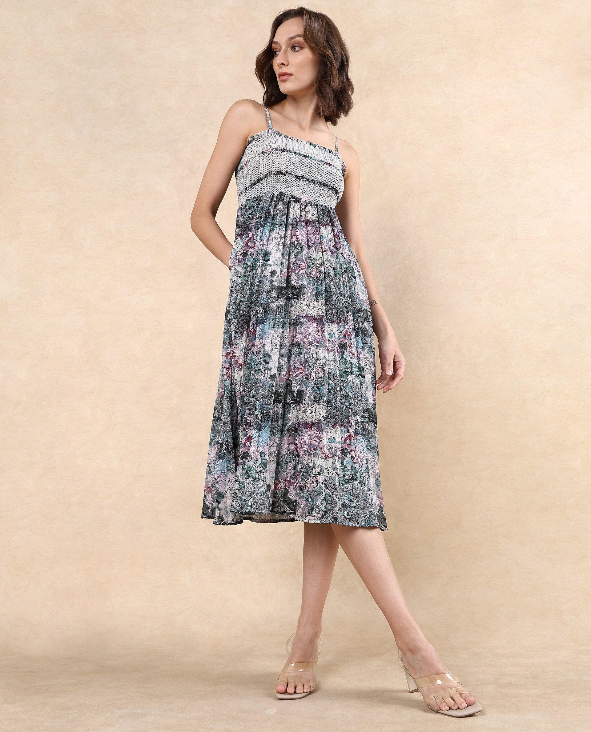 Rareism Women Phanks Multi Polyester Fabric Sleeveless Tube Neck Fit And Flare Midi Abstract Print Dress - view 6