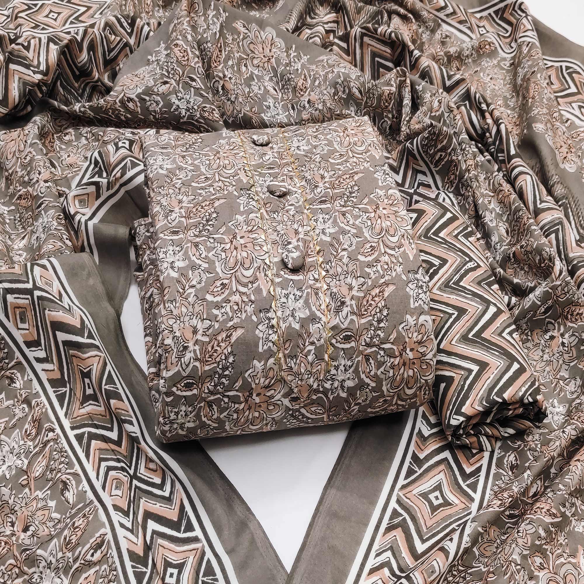 Peachmode Brown Floral Printed Pure Cotton Dress Material