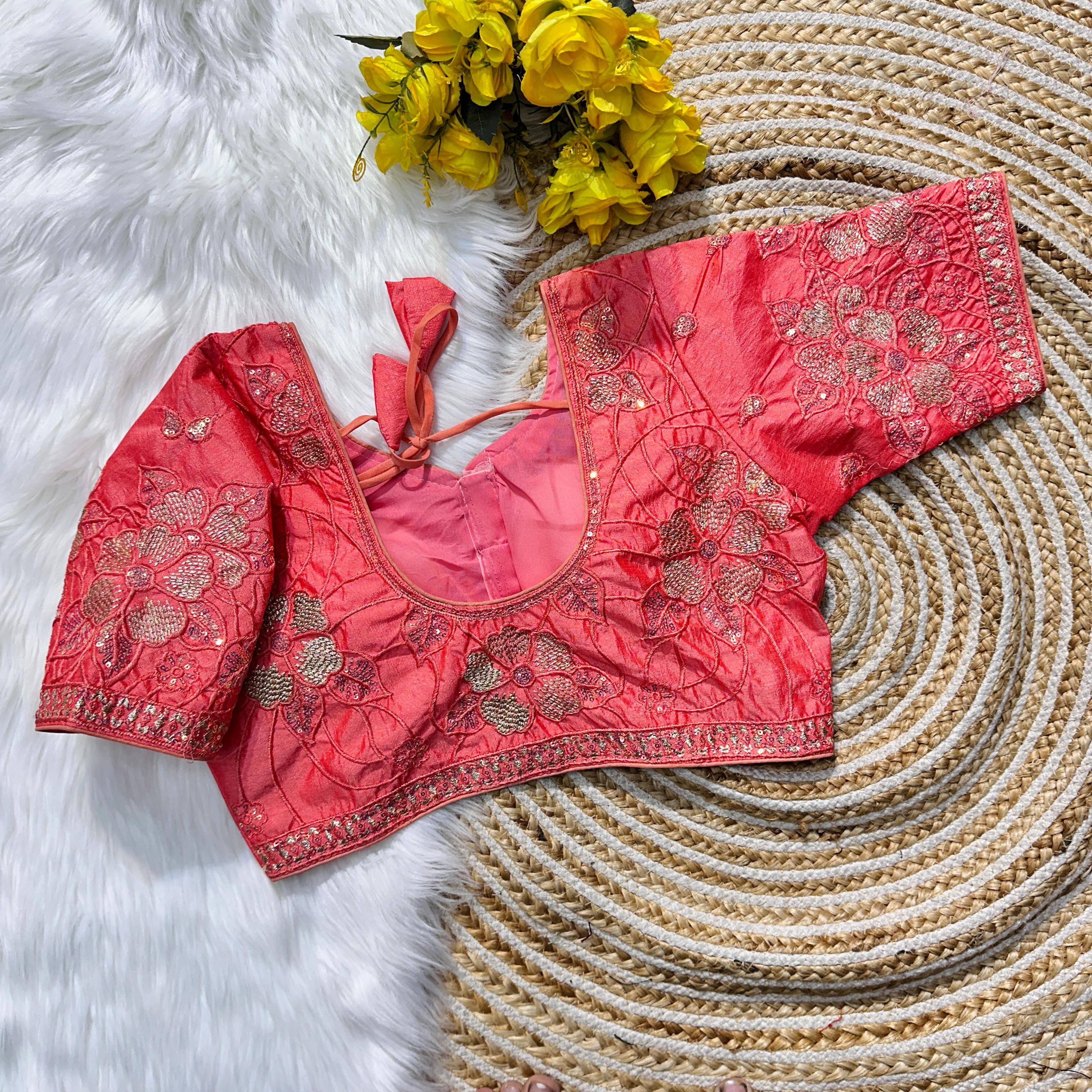 ClothsVilla Peach Color Soft Silk Blouse with Beautiful Embroidery and Sequence Accents