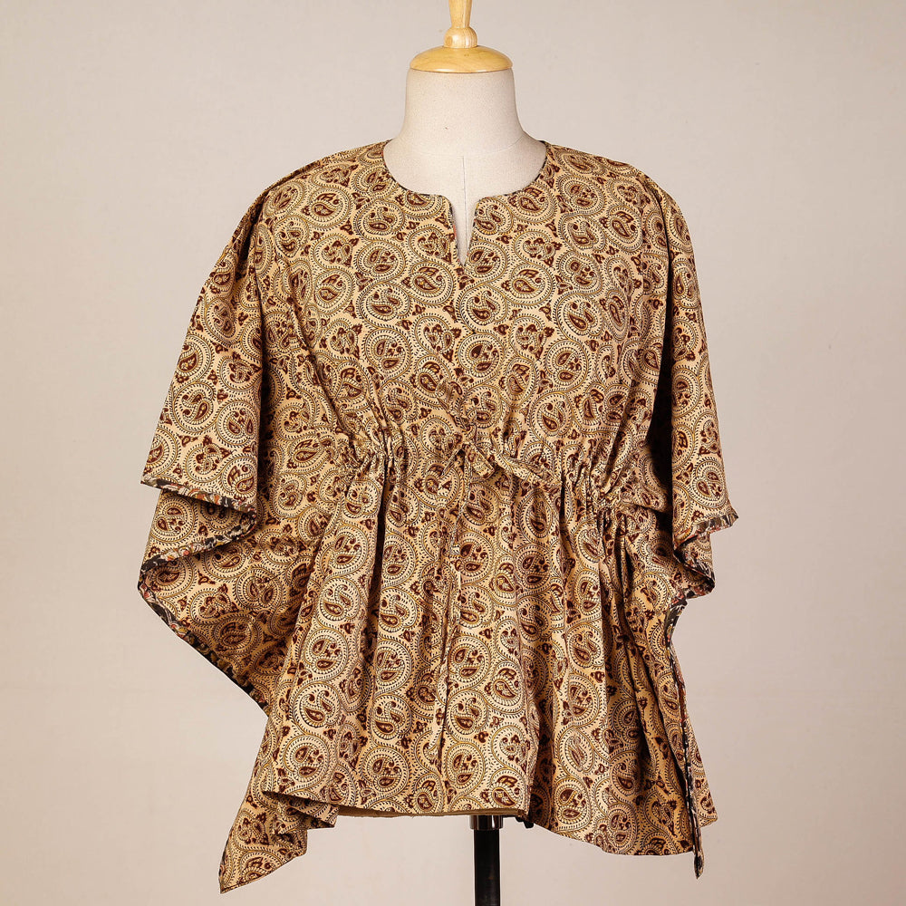 CHUTNEY CRAFT STUDIO Beige - Block Print Cotton Kalamkari Kaftan with Tie-Up Waist (Short)