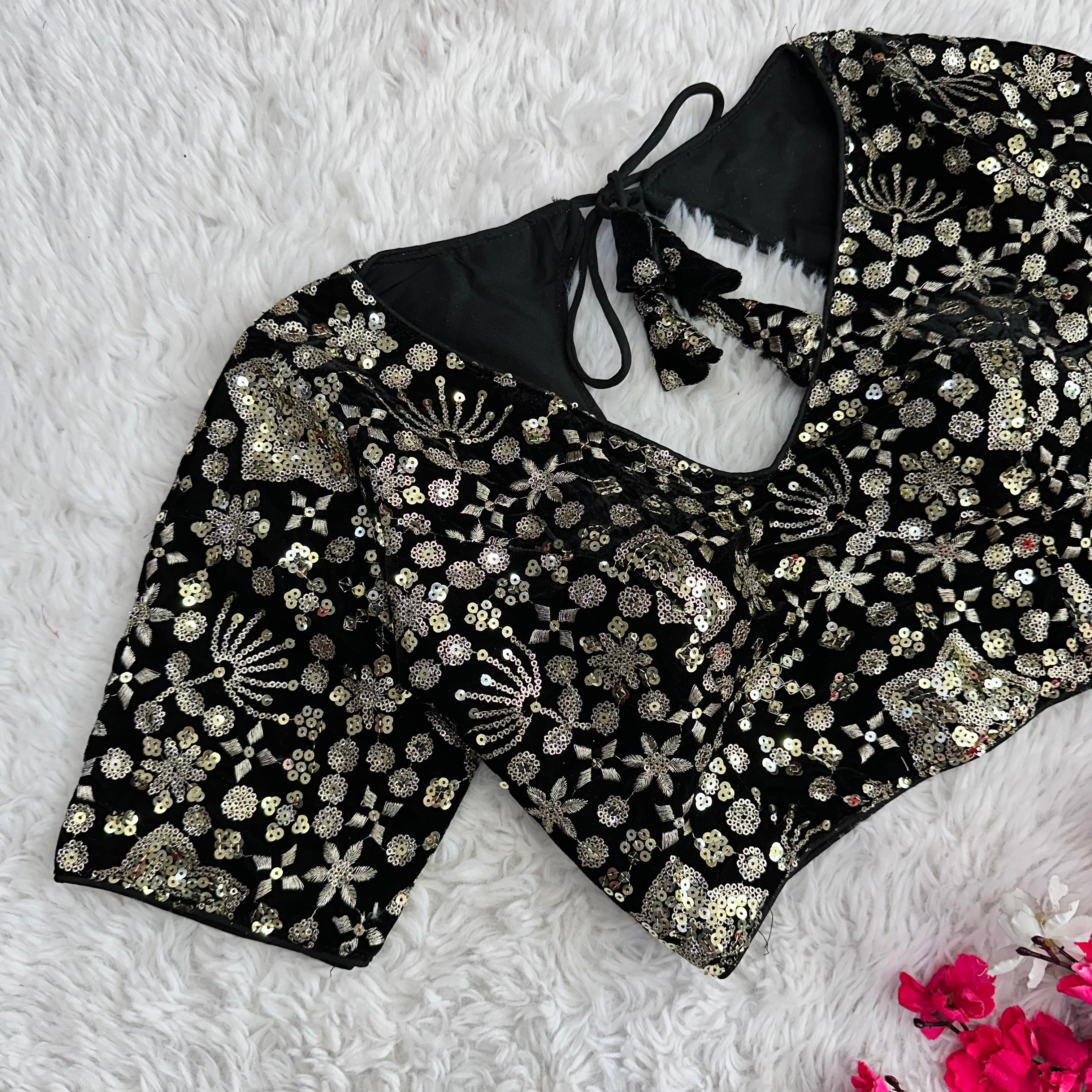 ClothsVilla Black Golden Embroidered Velvet Blouse with Sequins - view 3