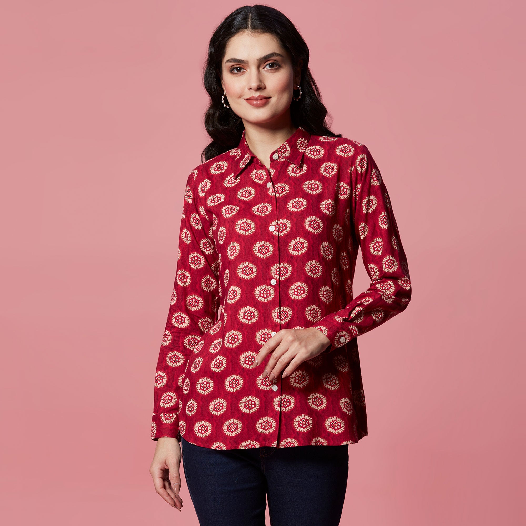 Peachmode Pink Floral Printed Pure Cotton Top