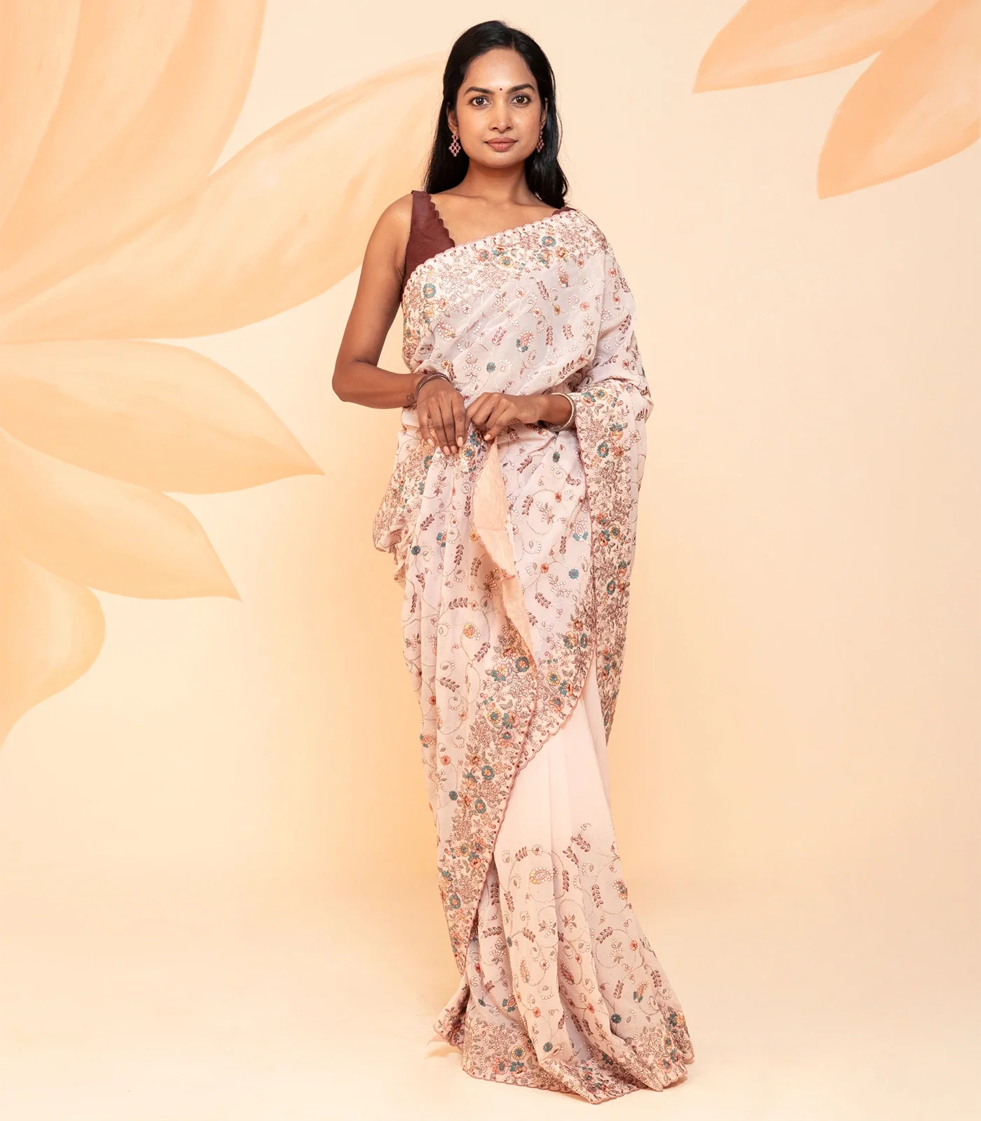 RmKV Baby Pink Blended Cotton Saree Embroidered With Meena Motifs-Baby Pink