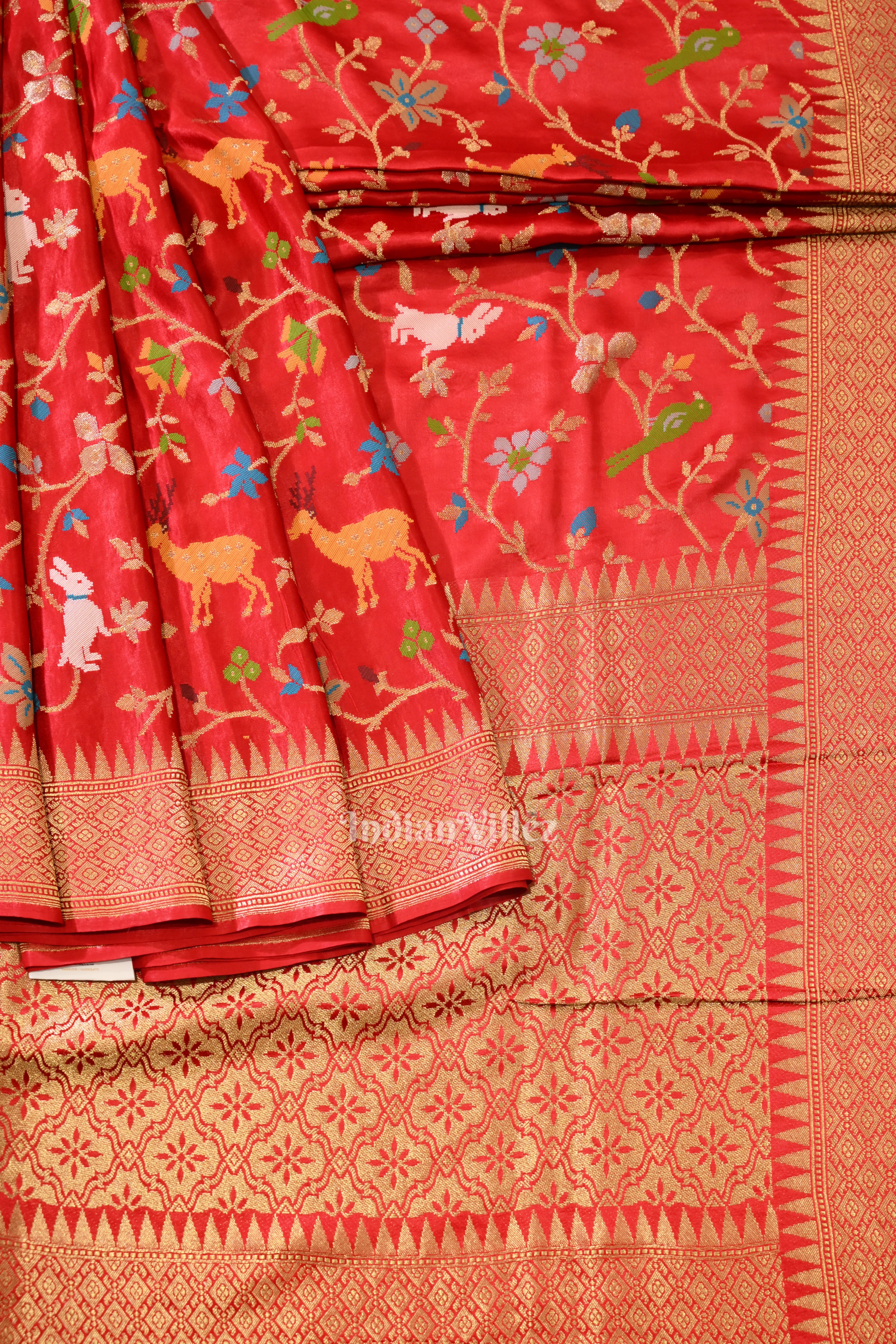 IndianVillèz Pure Authentic Red Tussar Banarasi Silk Saree with thread embroidery