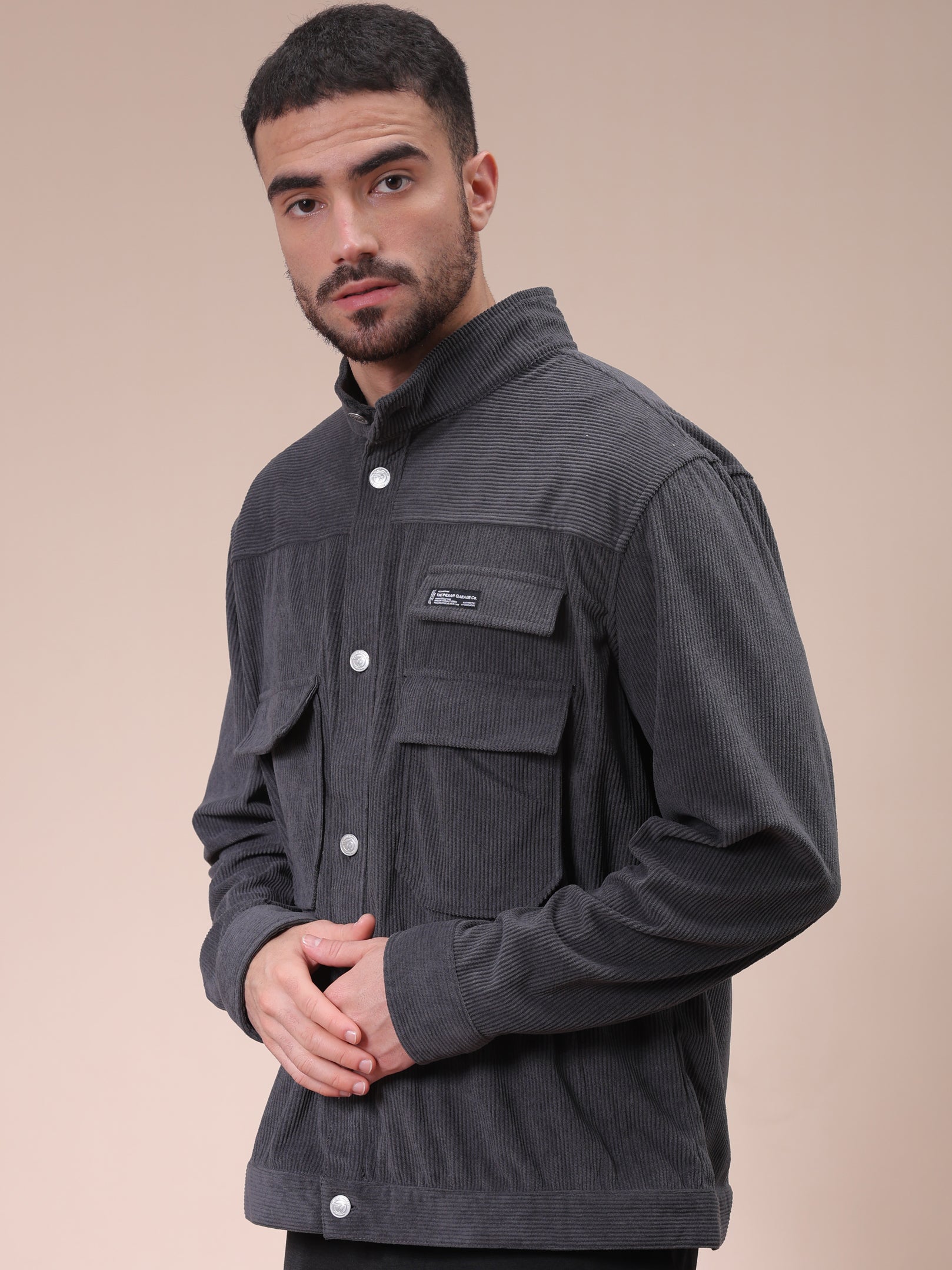 The Indian Garage Co Men's Grey Relaxed Fit Knitted Corduroy Utility Jacket - view 3