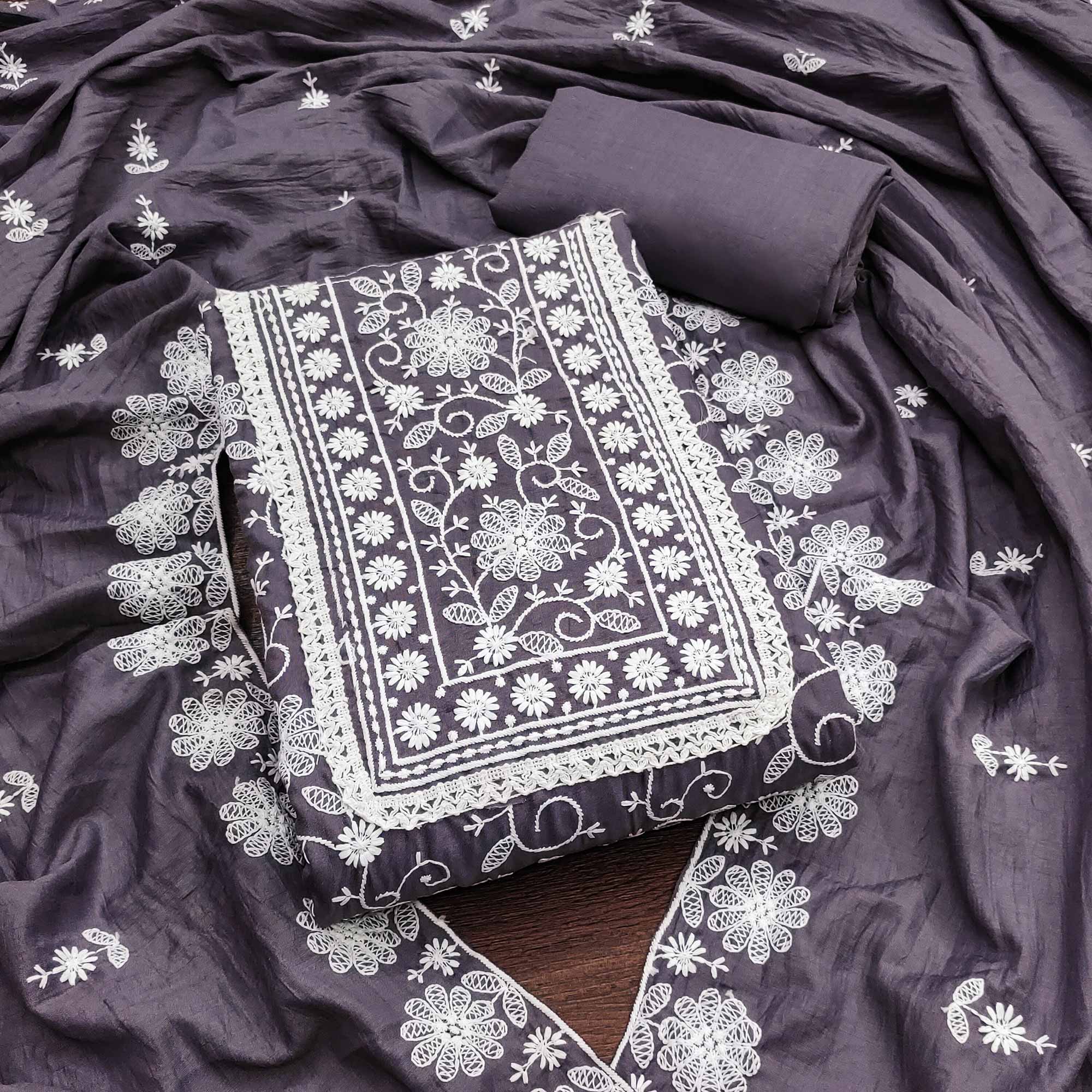 Peachmode Dark Grey Floral Embroidered Art Silk Dress Material