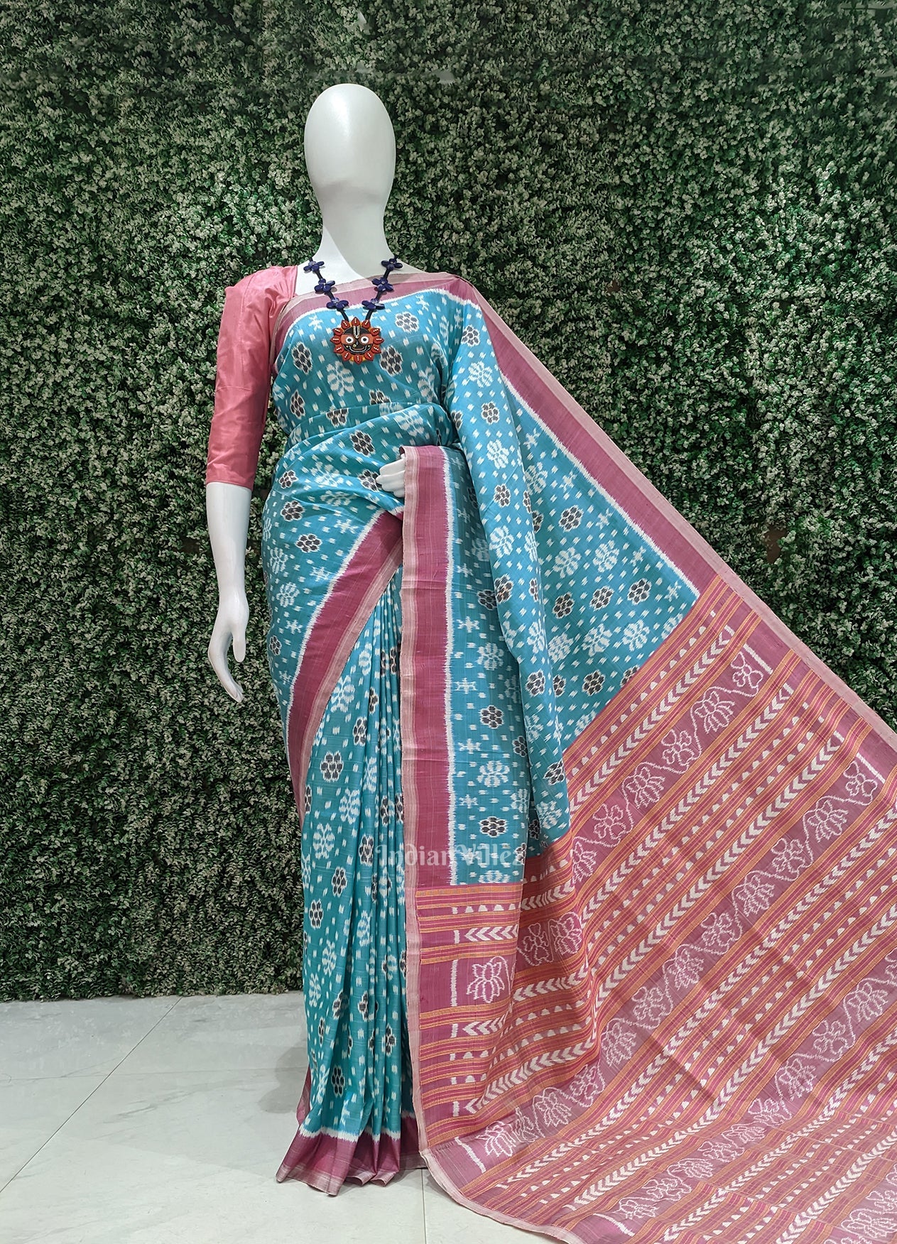 IndianVillèz Cyan Blue Pink Odisha Ikat Contemporary Designer Saree
