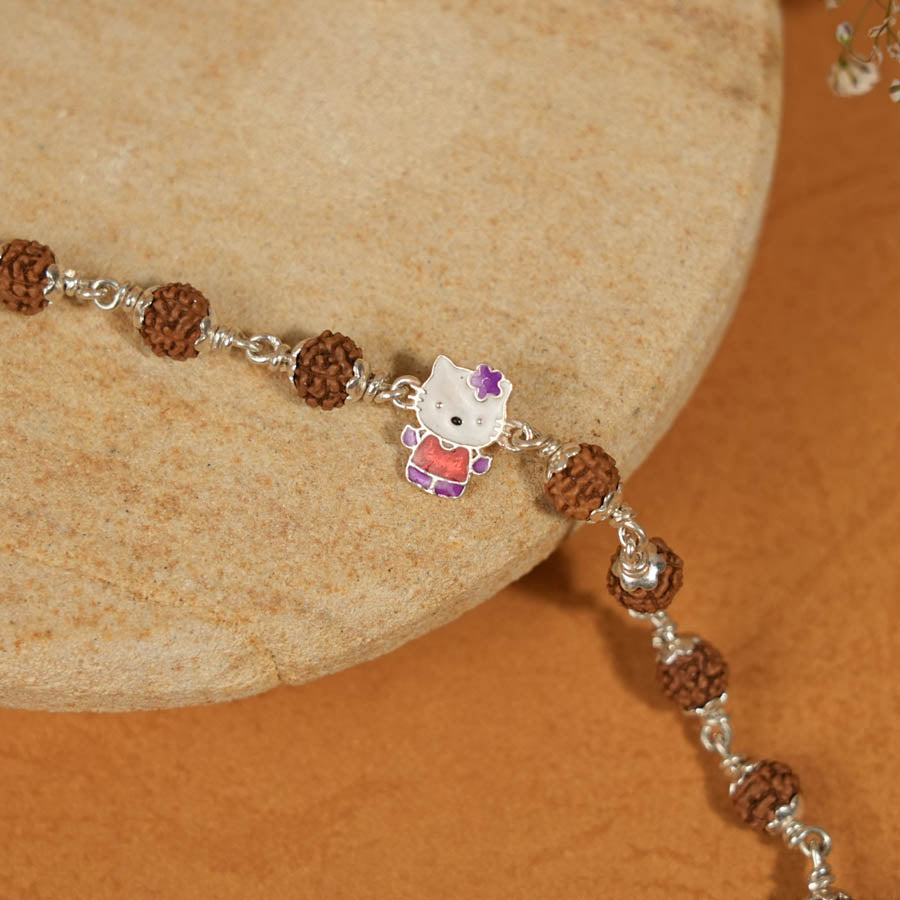 Prinjal Jewellers Real Rudraksha Silver Bracelet with Colorful Teddy Bear Single Line for Kids