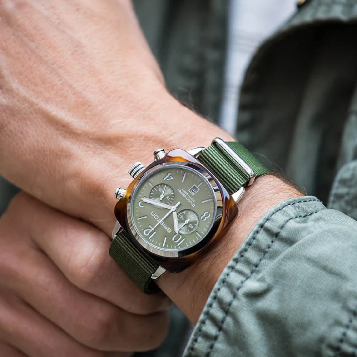 Briston Clubmaster Classic Men Quartz Olive Green Dial Chronograph Nato Watch 19140.SA.T.26.NOL - view 2