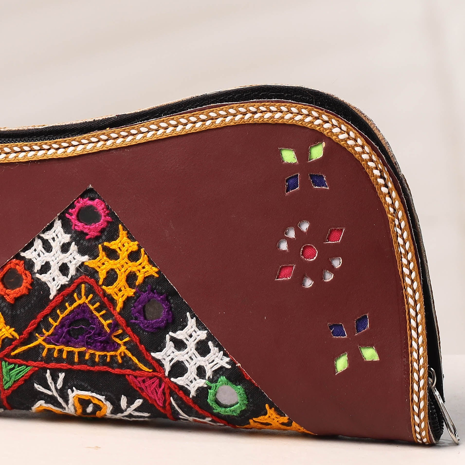 KACHCHH JI CHHAAP Brown - Handcrafted Kutch Embroidery Leather Clutch / Wallet - view 2