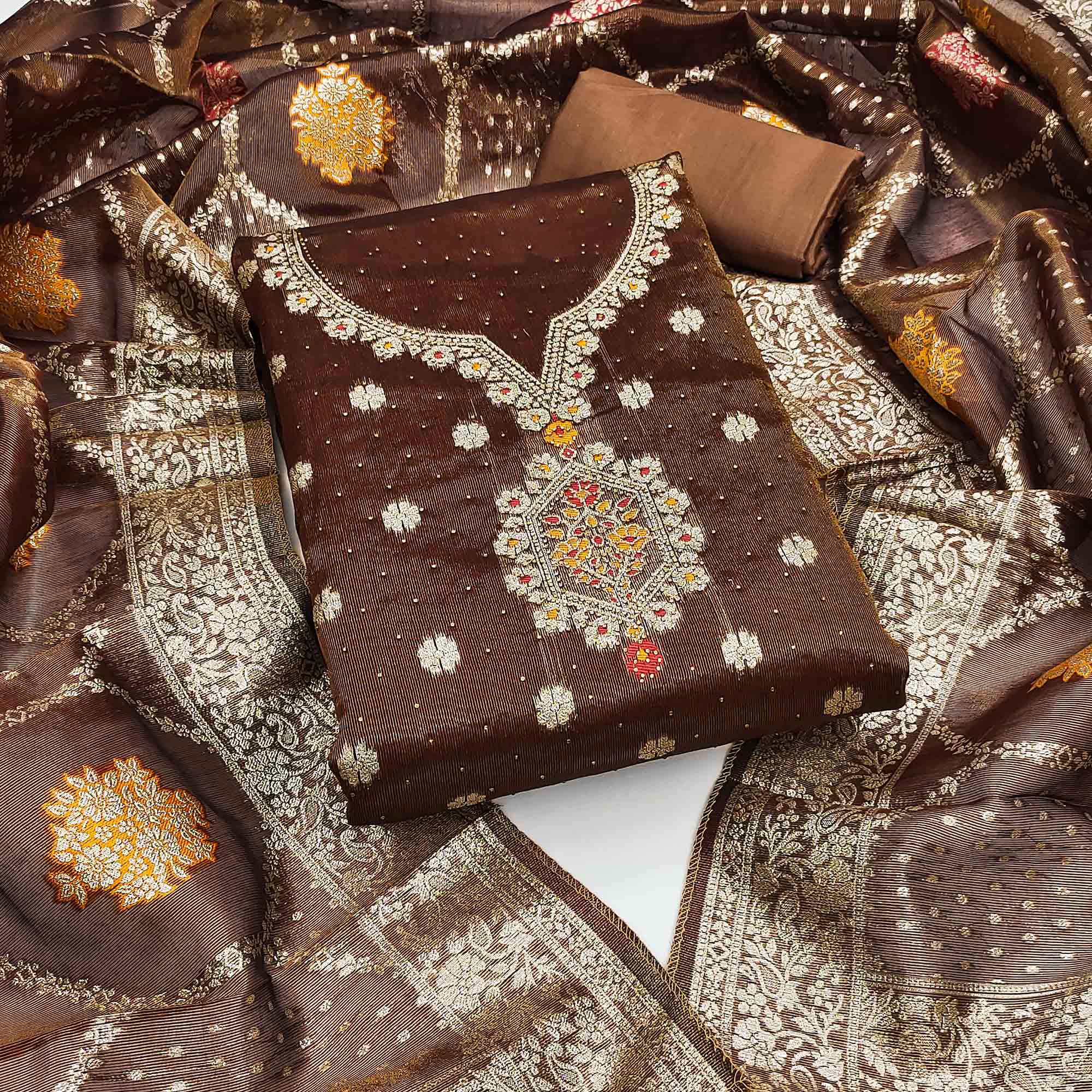 Peachmode Brown Woven With Stonework Shimmer Jacquard Dress Material