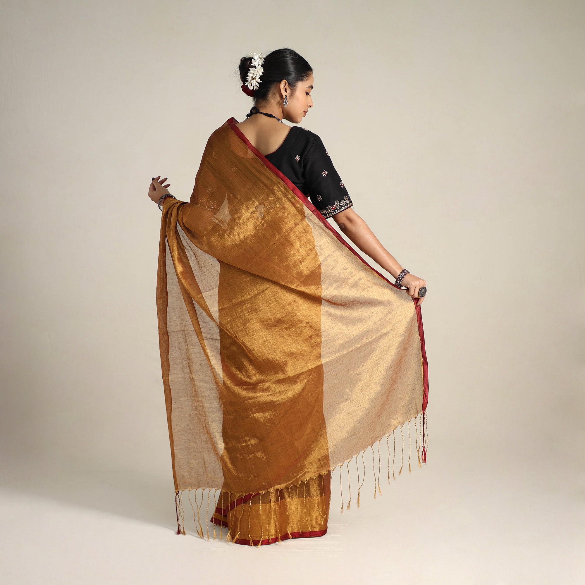 KHUSHBASH - HAPPY LOOM OF EAST Brown - Mul Tissue Zari Bengal Saree with Embroidered Blouse 09 - view 2
