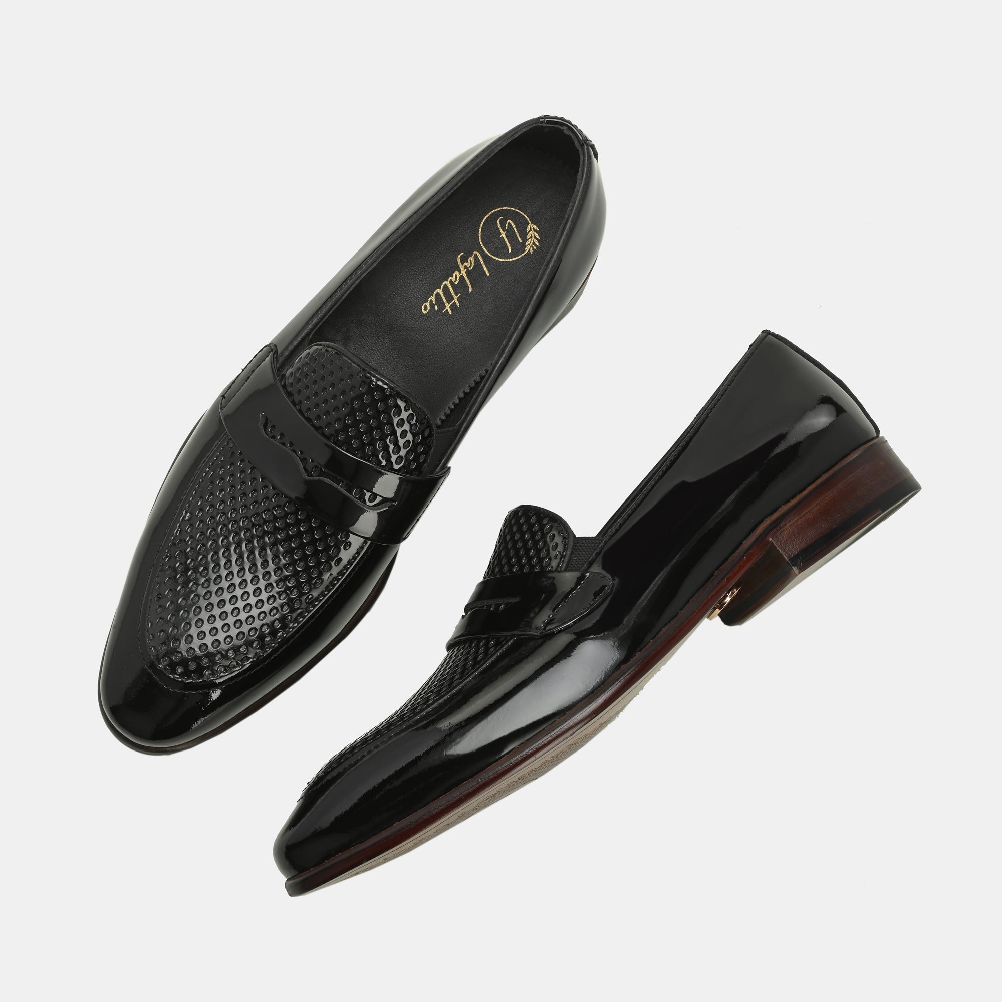 Patent Black Perforated Penny Loafers by Lafattio - view 5
