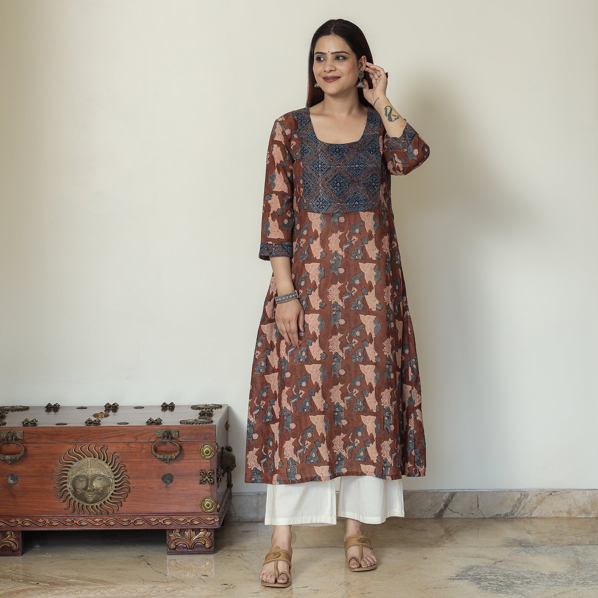 ITOKRI CASUALS Brown - Ajrakh Block Printed Mul Cotton A-Line Kurta 10 - view 2