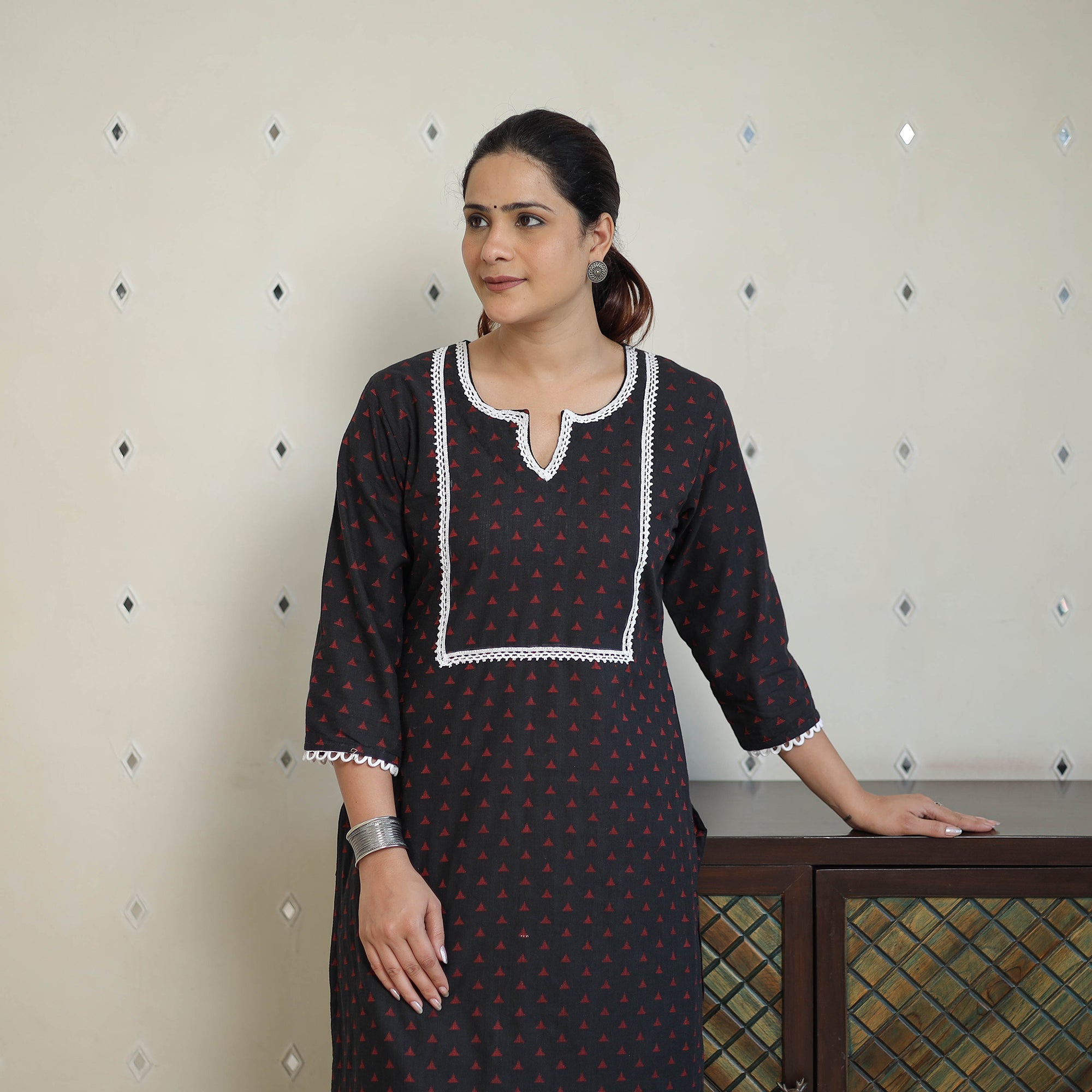 ITOKRI CASUALS Black - Jacquard Cotton Straight Kurta with Lace Work 31