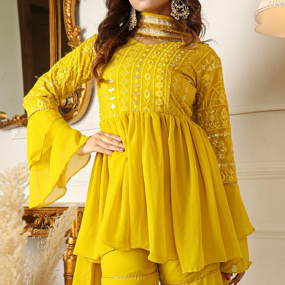 Peachmode Seller Lemon Yellow Sequins Embroidered Georgette Sharara Suit - view 3