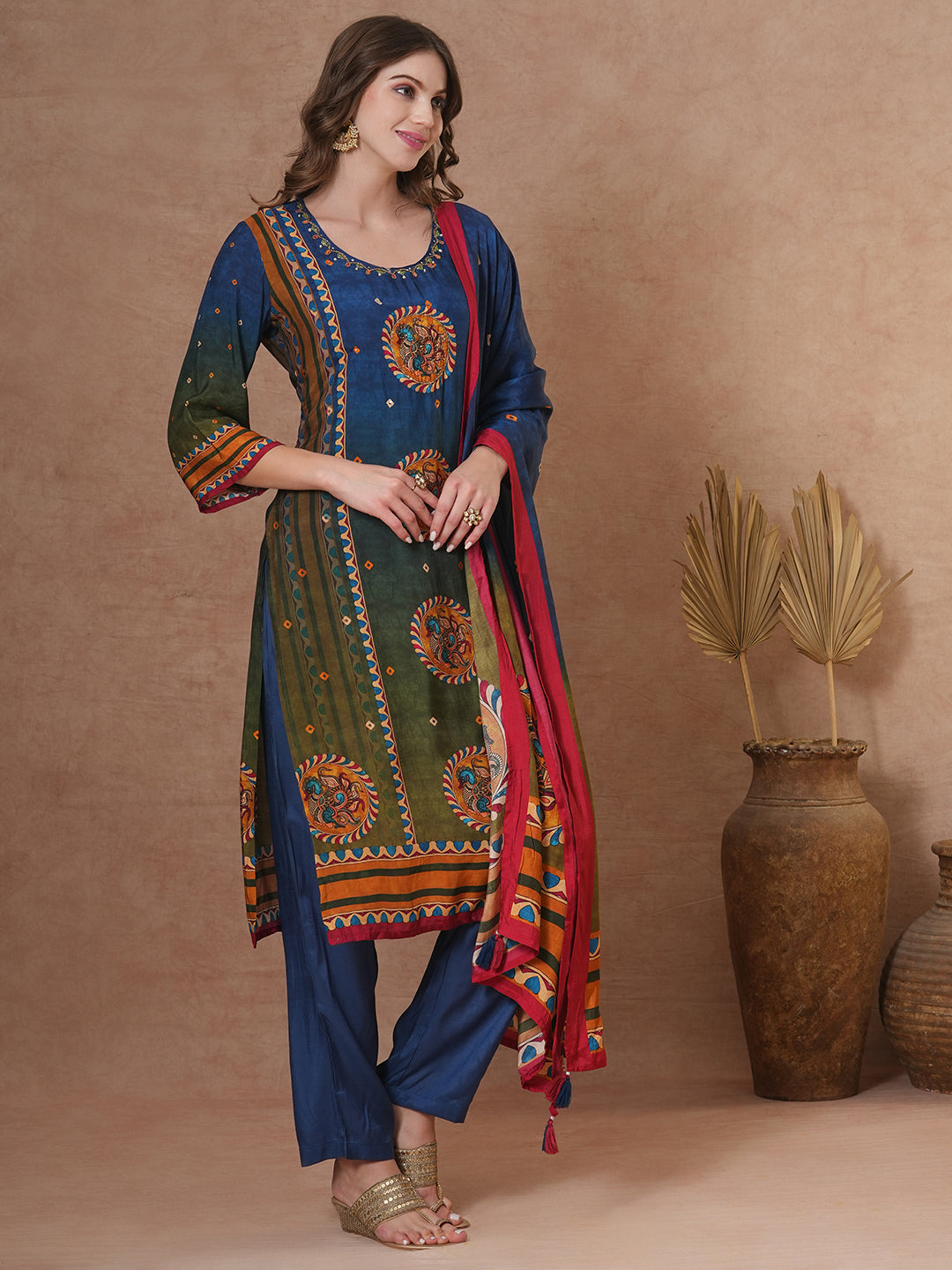 FASHOR Ethnic Kalamkari Printed & Embroidered Straight Fit Kurta with Pant and Dupatta - Blue