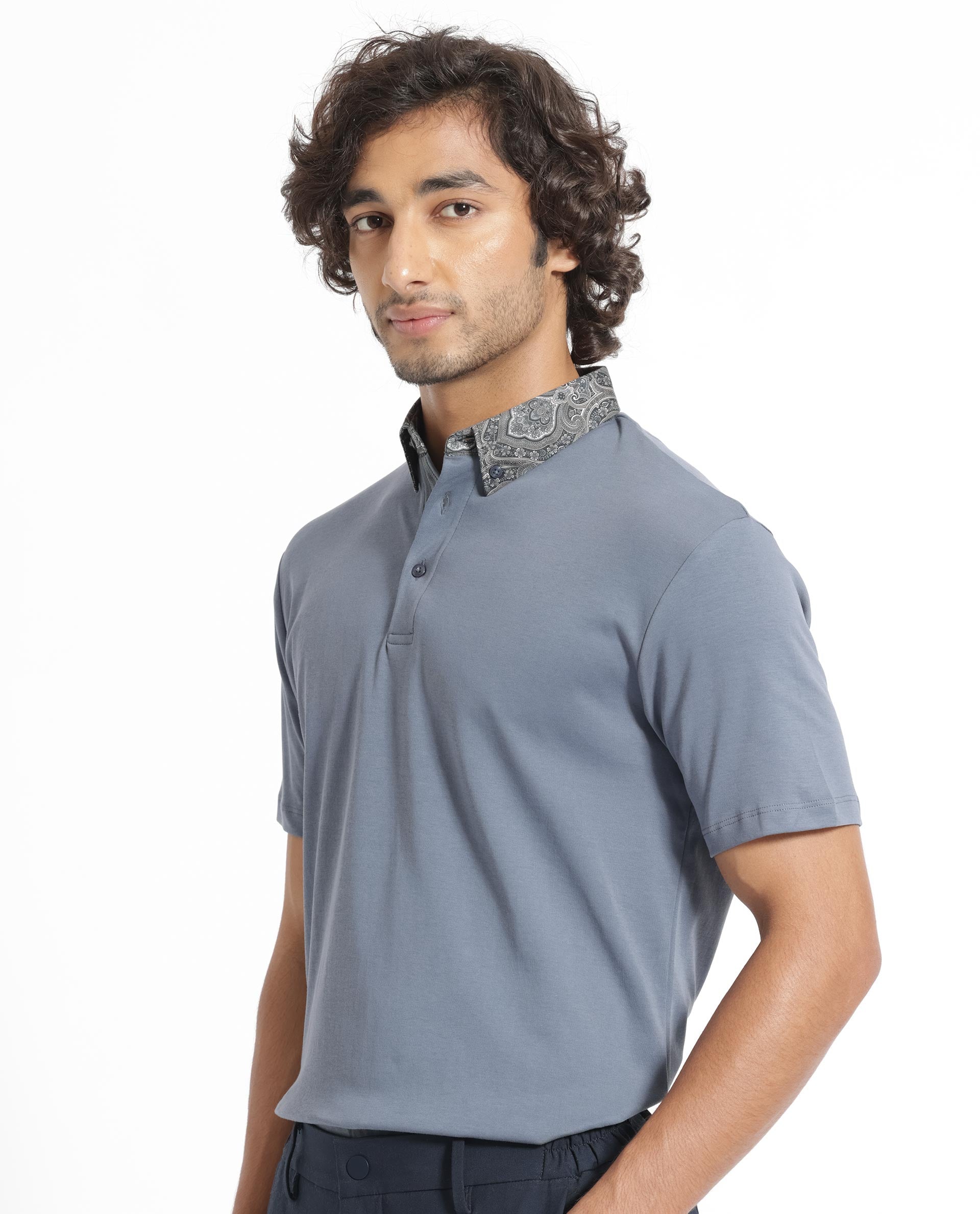 Rare Rabbit Men's Ringer-1 Grey Cotton Fabric Printed Collar Neck Half Sleeves Polo T-Shirt - view 6