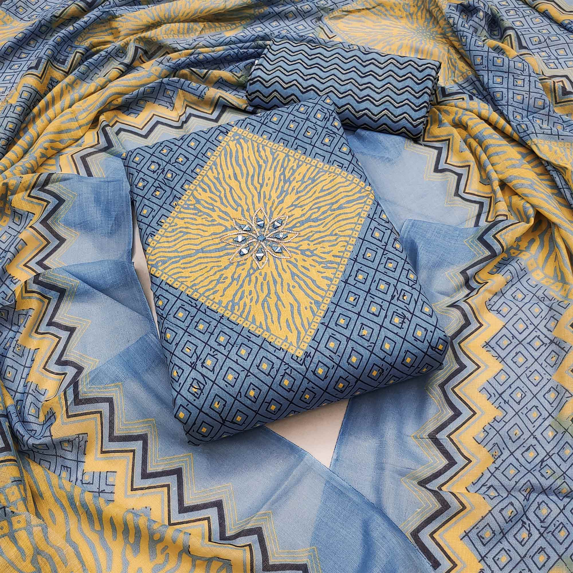 Peachmode Grey Printed With Embroidered Pure Cotton Dress Material