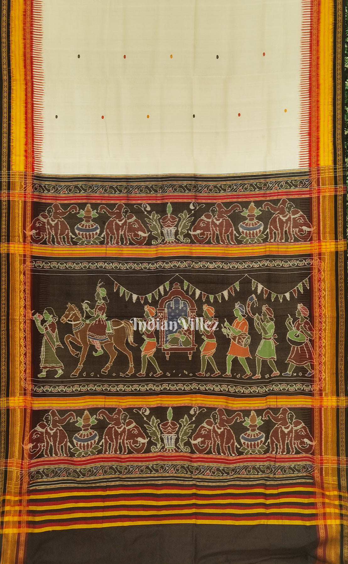 IndianVillèz White Doli Barat Kathiphera Odisha Ikat Khandua Silk Saree
