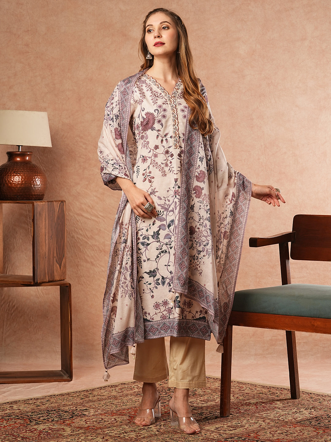 Fashor Ethnic Floral Printed Straight Fit Kurta with Pant & Dupatta - Off White