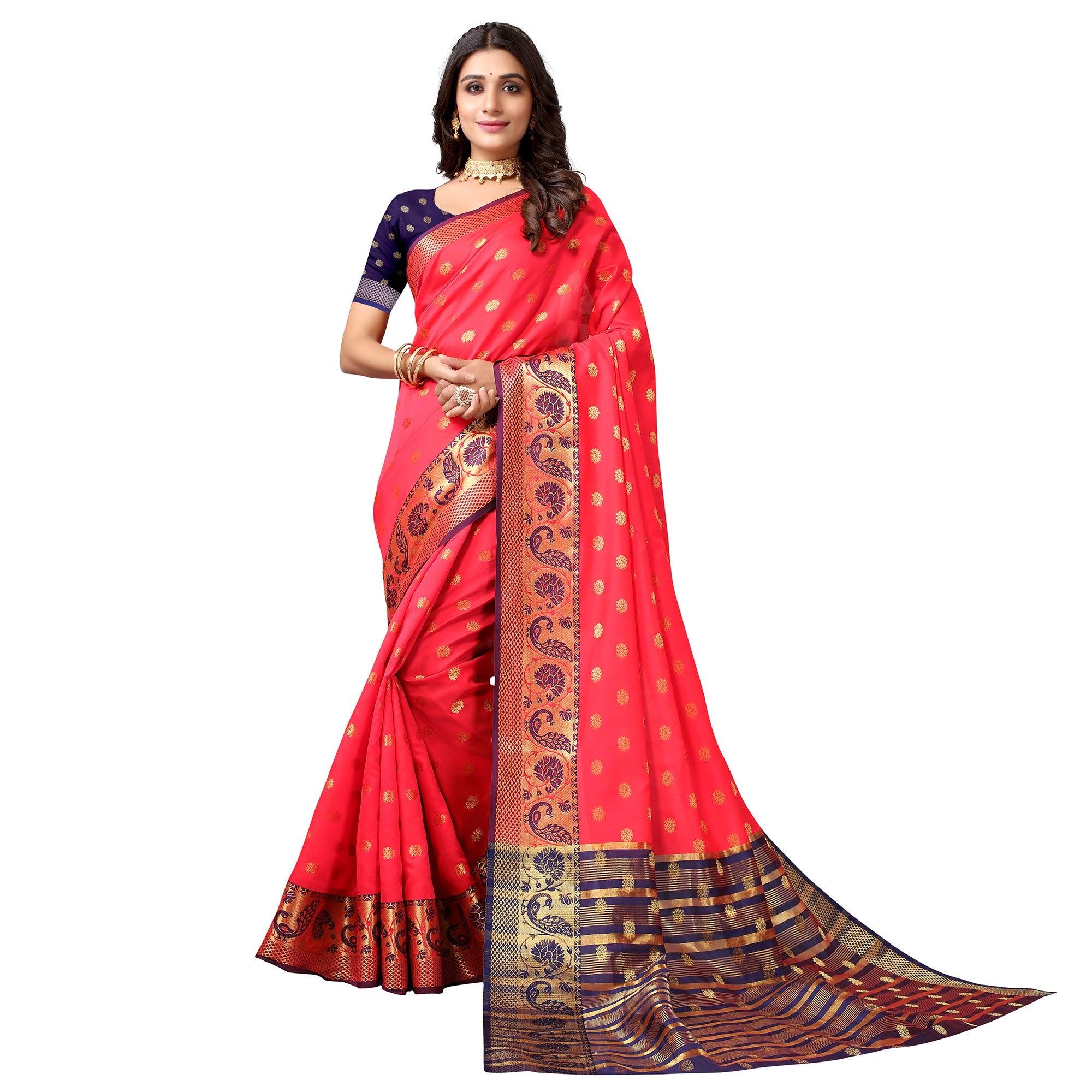 Peachmode Gajri Pink Festive Wear Woven Soft Silk Saree With Jacquard Border