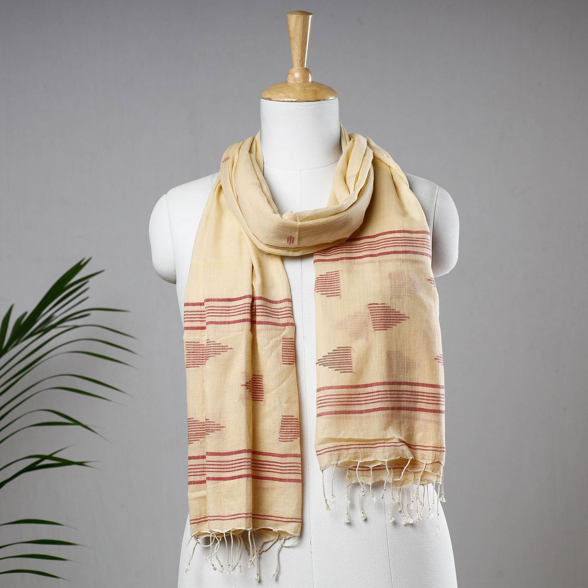 KHUSHBASH - HAPPY LOOM OF EAST Beige - Burdwan Jamdani Buti Handloom Cotton Stole with Tassels