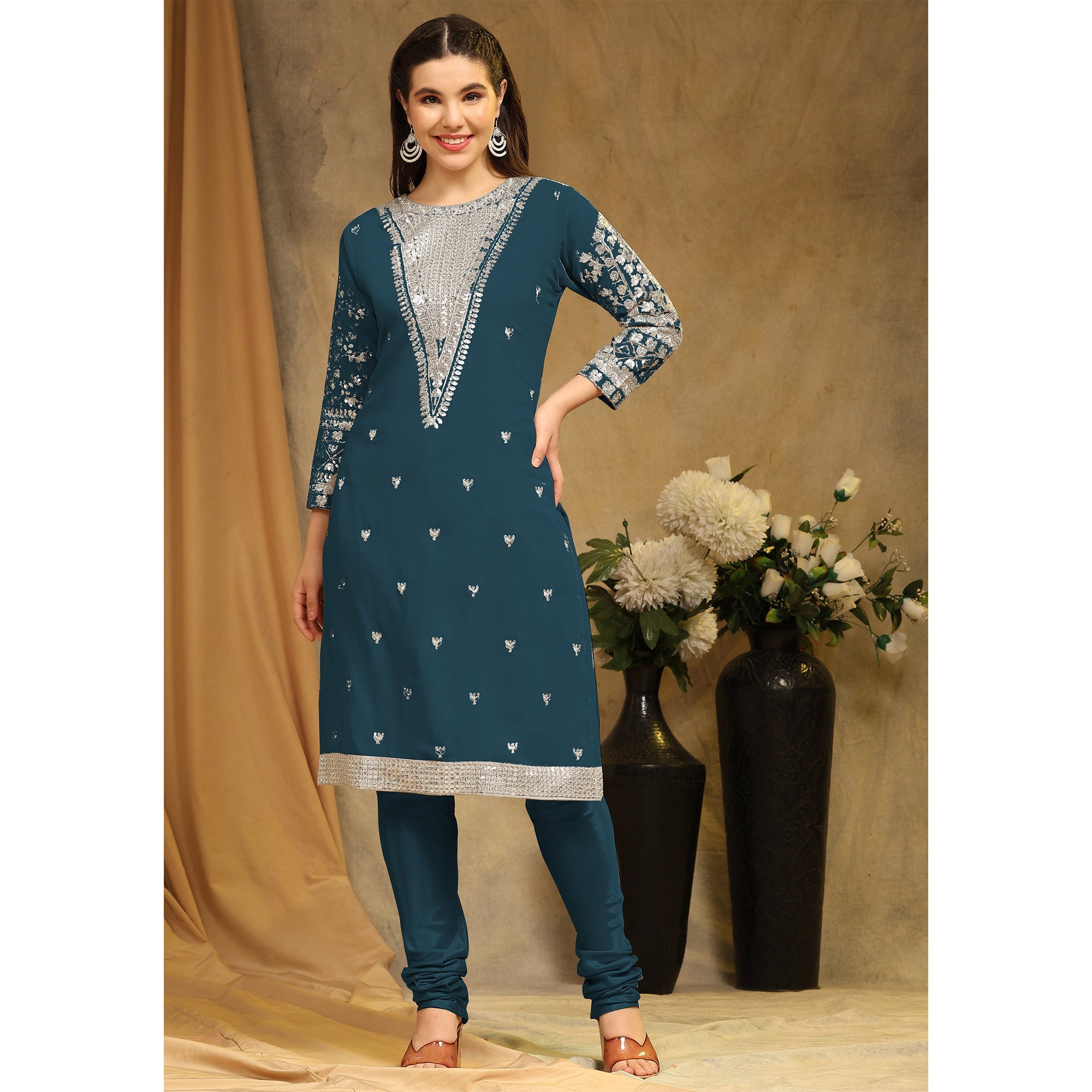 Peachmode Morpich Sequins Embroidered Georgette Semi Stitched Salwar Suit - view 5