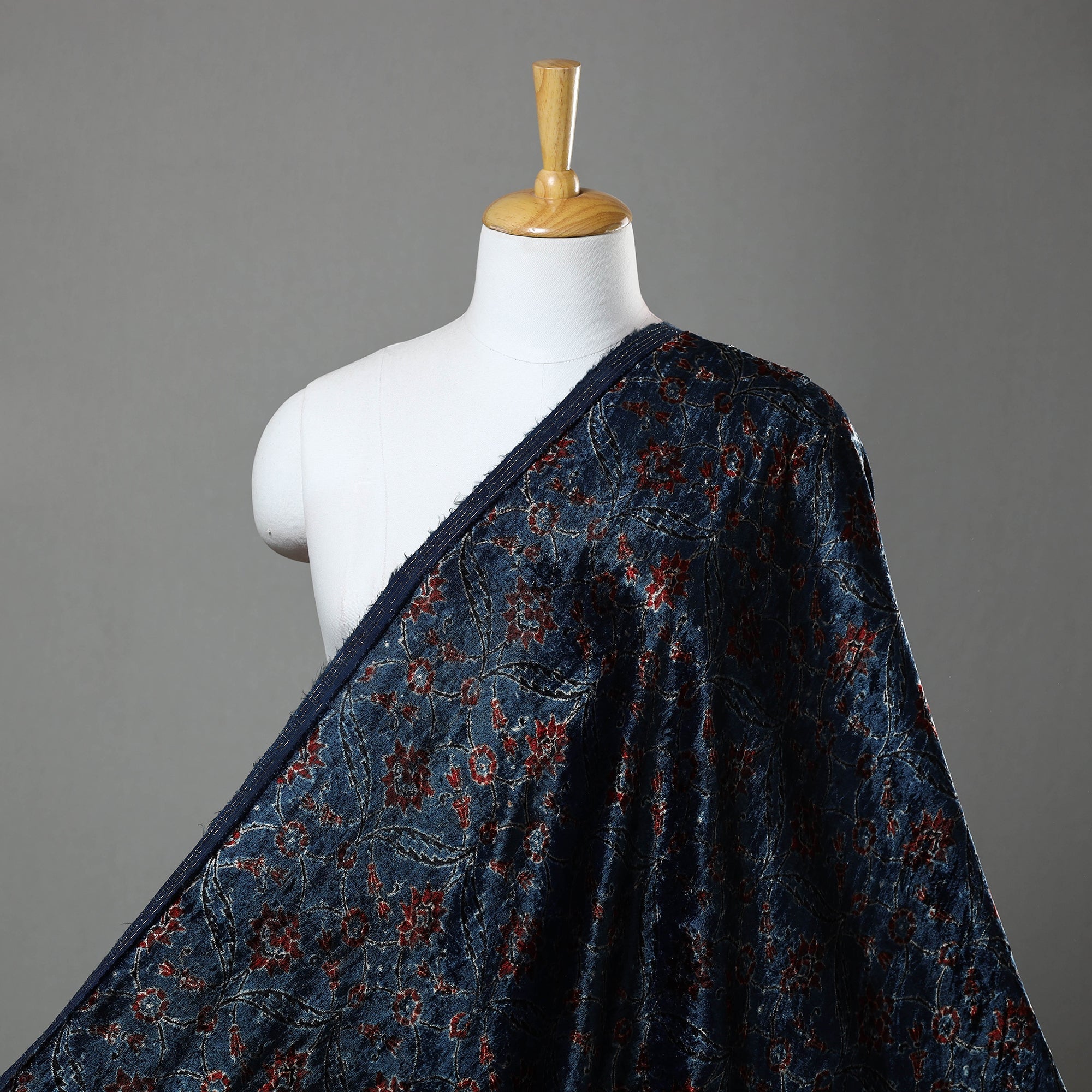 AJRAKH BY JABBAR KHATRI Blue - Block Printed Velvet Natural Dyed Ajrakh Fabric 08