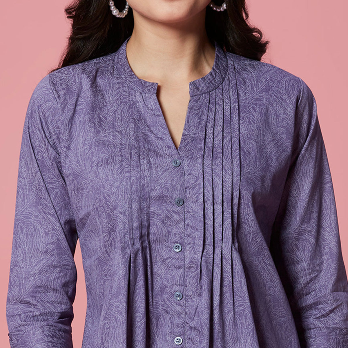 Peachmode Dark Purple Printed Pure Cotton A-Line Top - view 2
