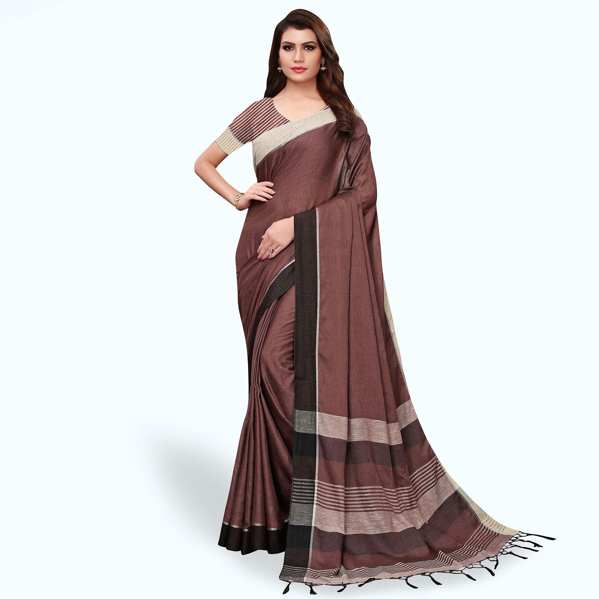 Peachmode Elegant Brown Colored Festive Wear Linen Saree