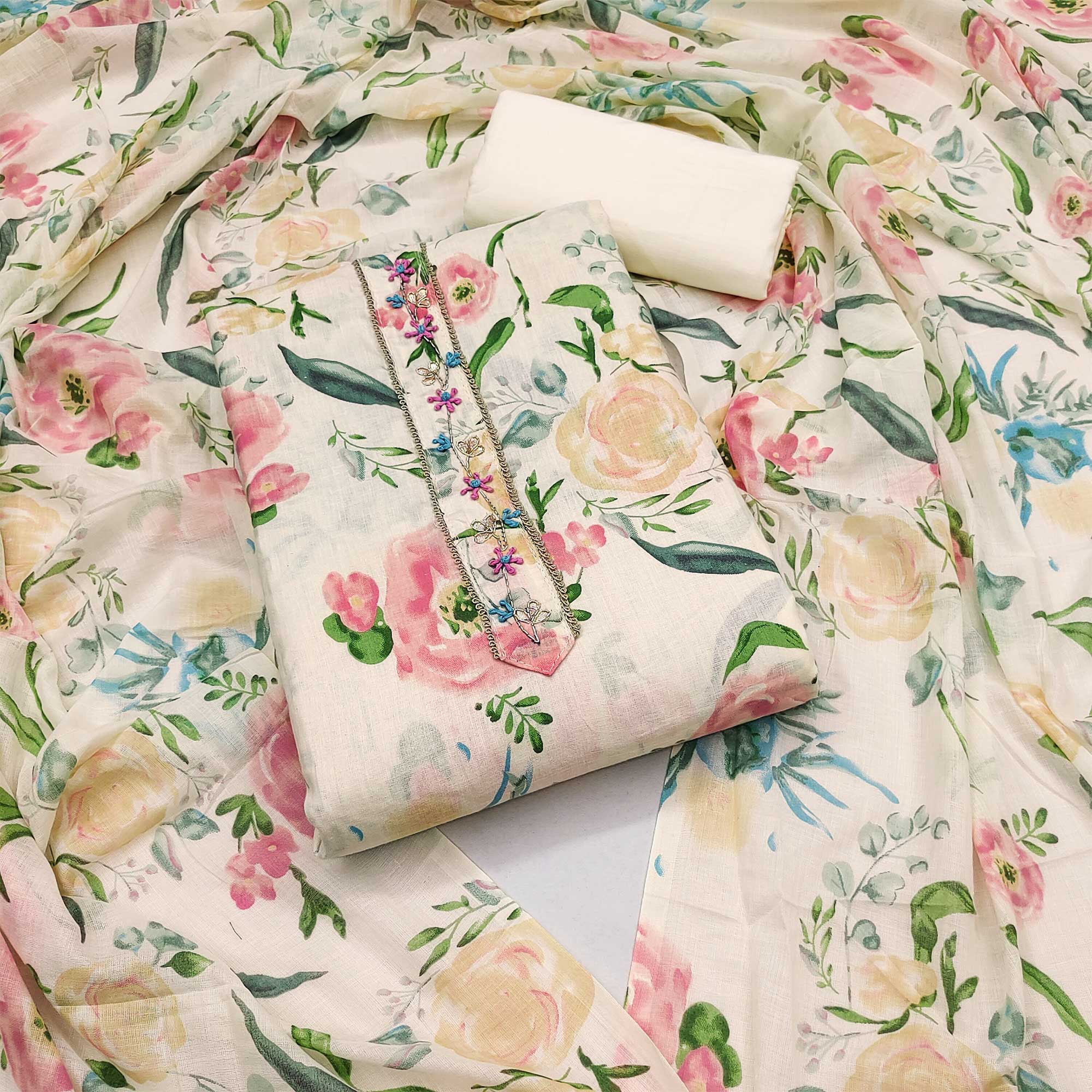 Peachmode Cream Floral Printed Pure Cotton Dress Material