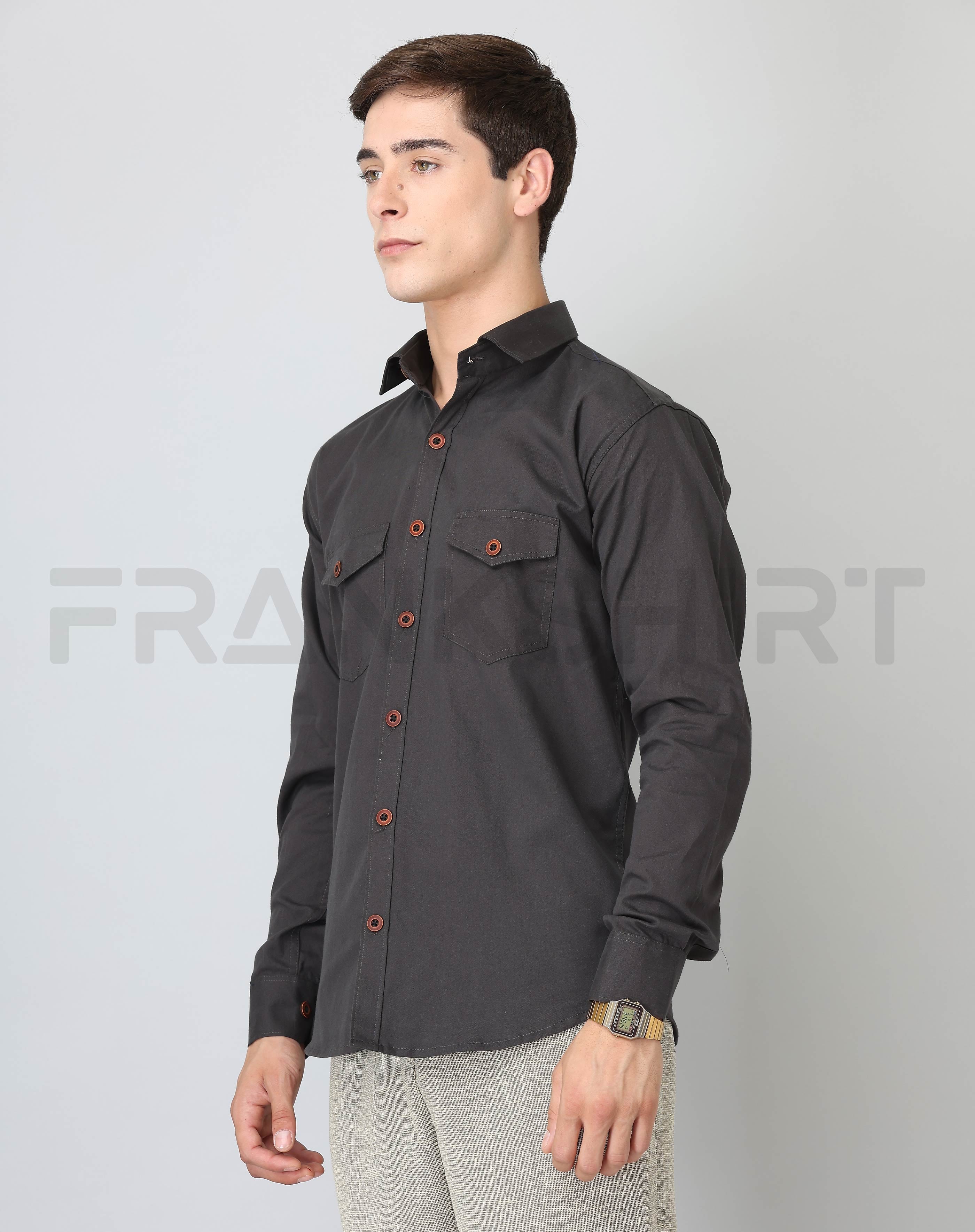 BlackTree Frankshirt Double Pocket Dark Grey Solid Tailored Fit Cotton Casual Shirt for Man - view 5