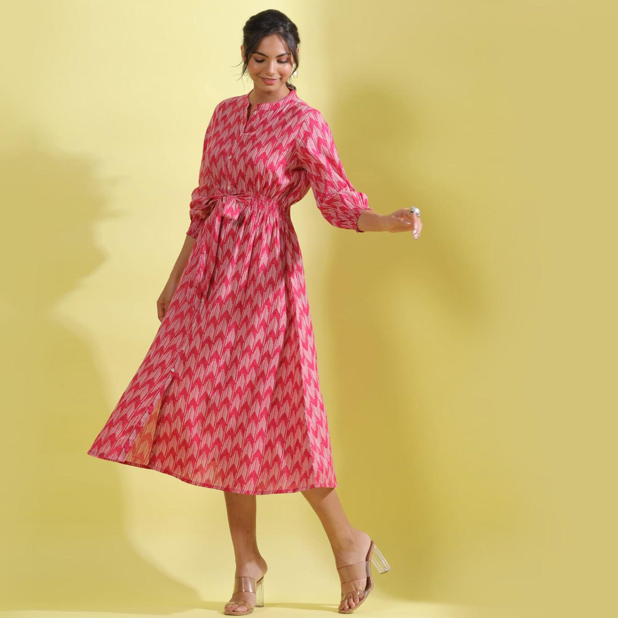 Peachmode Light Pink Printed Pure Cotton Dress - view 2