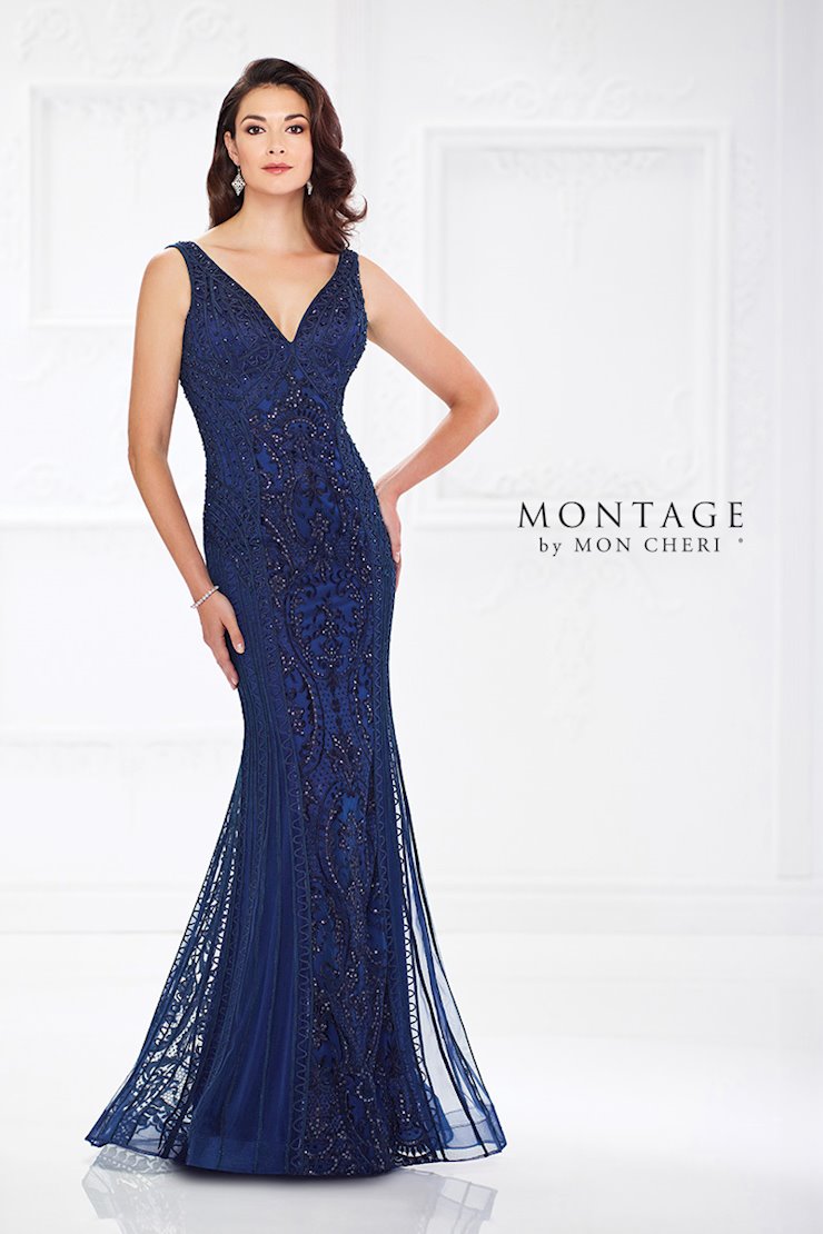 Montage 118975 Beaded Long Fit Formal Dress – Navy Blue