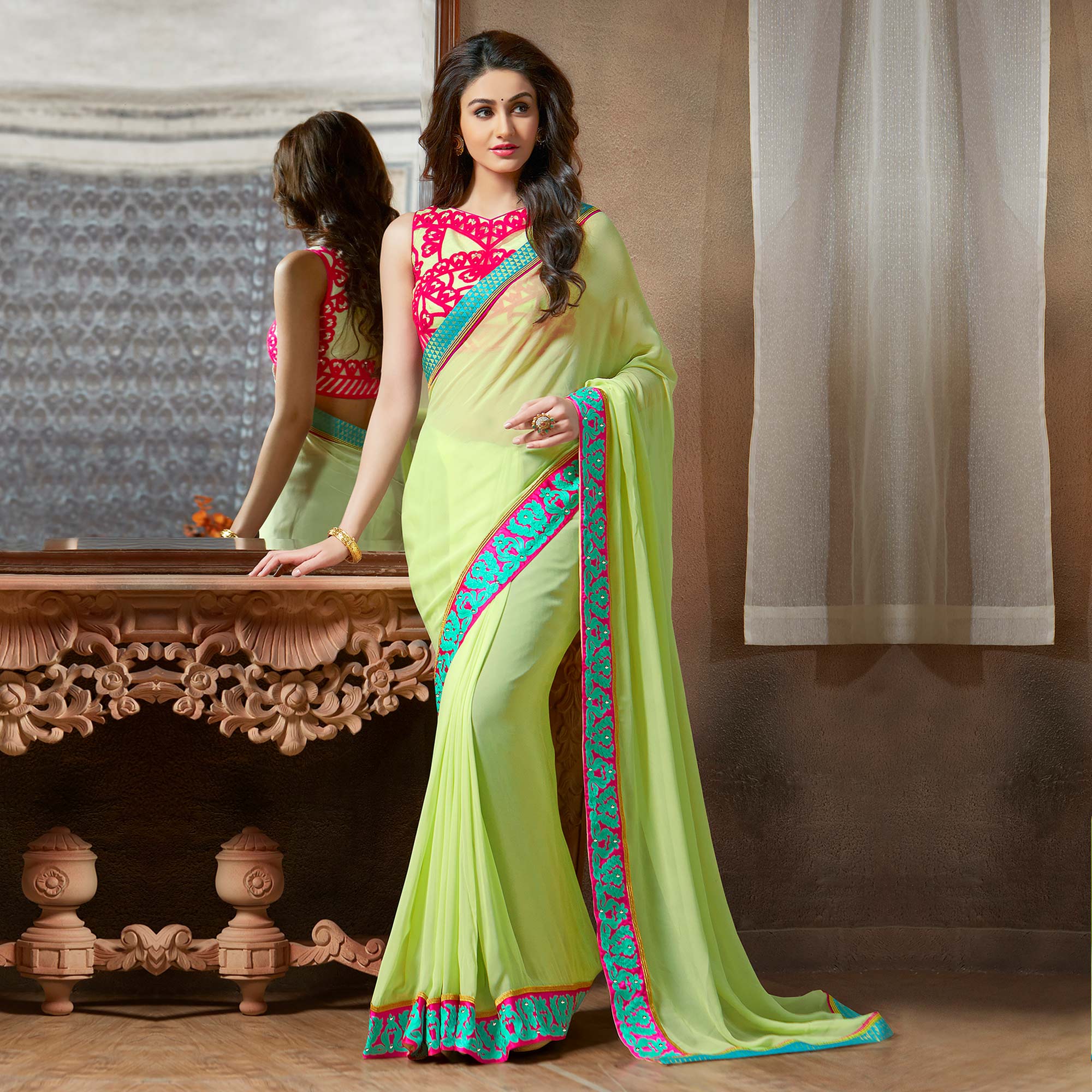Green sarees – BlackTree green-embroidered-georgette-saree-2