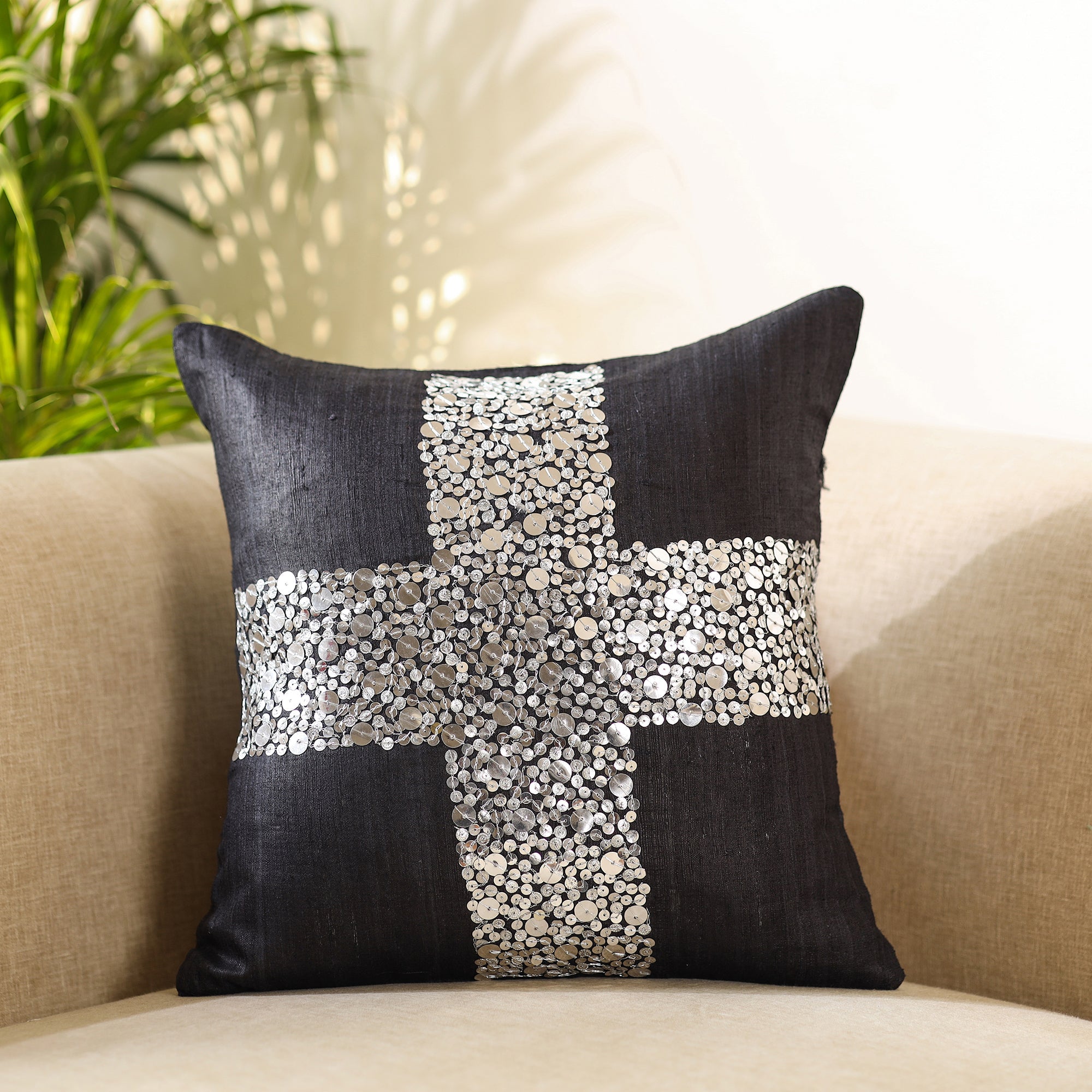 CHHATTISGARH HASTSHILP VIKAS BOARD Black - Aari Embroidery Sequin Work Ghicha Silk Cushion Cover (16 x 16 in)