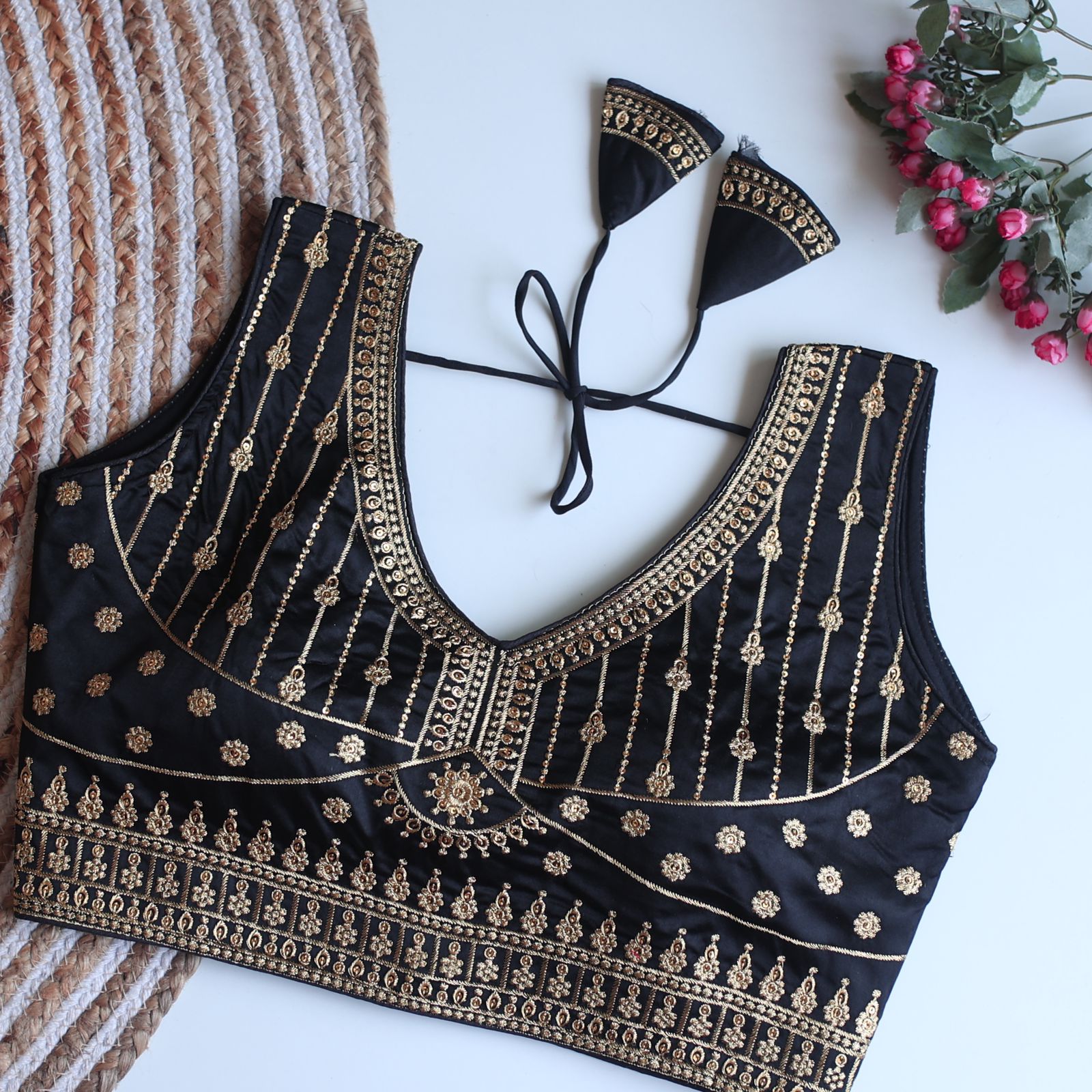 ClothsVilla Navy Blue Full Embroidery Monsoon Silk Blouse with Golden Sequin Design